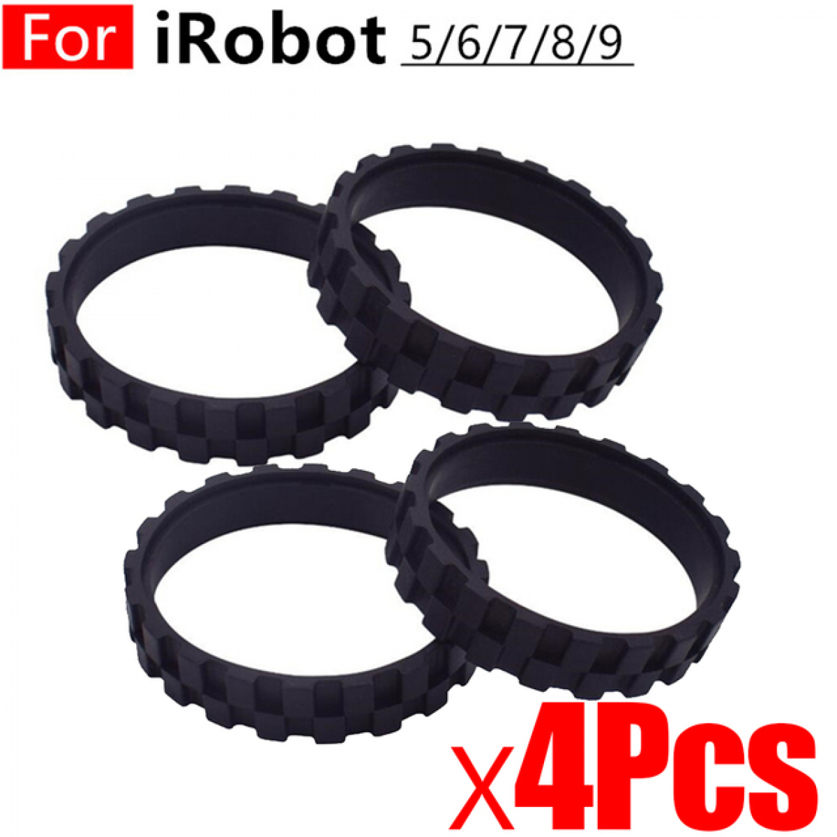 Vier schwarze Ersatzräder für Roboter-Staubsauger. Text sagt 'Für iRobot 5/6/7/8/9' und 'x4Pcs'.