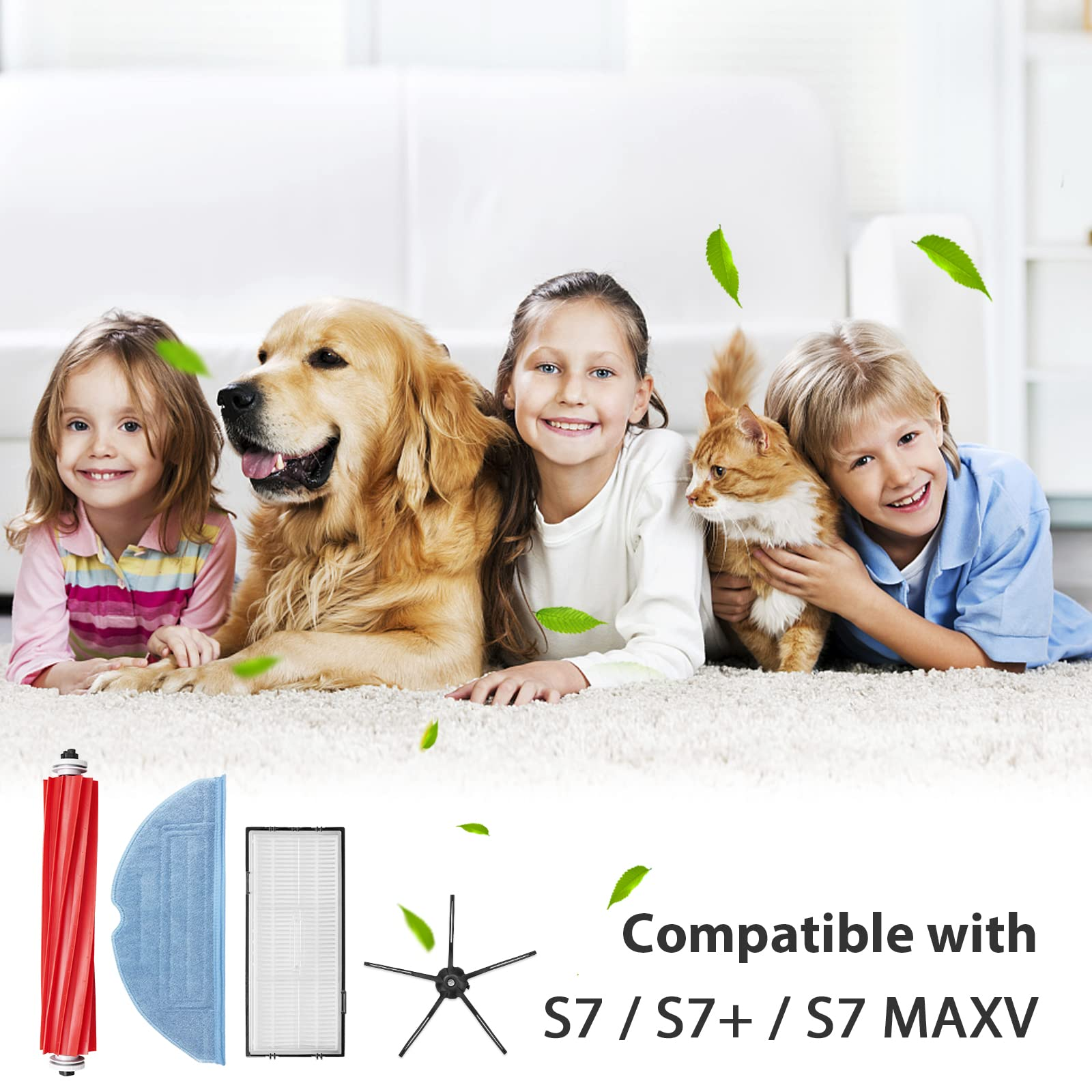 Dwoje dzieci, pies i kot uśmiechają się na dywanie z akcesoriami do czyszczenia. Tekst: Kompatybilny z S7 / S7+ / S7 MAXV.