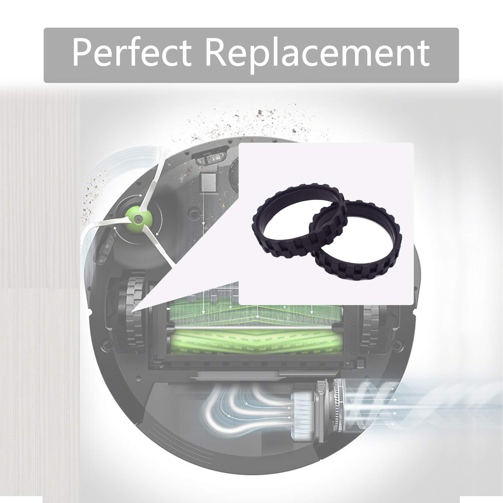 Ersatzräder für Roboter-Staubsauger, mit dem Staubsauger im Hintergrund. Text-Overlay sagt "Perfekter Ersatz".