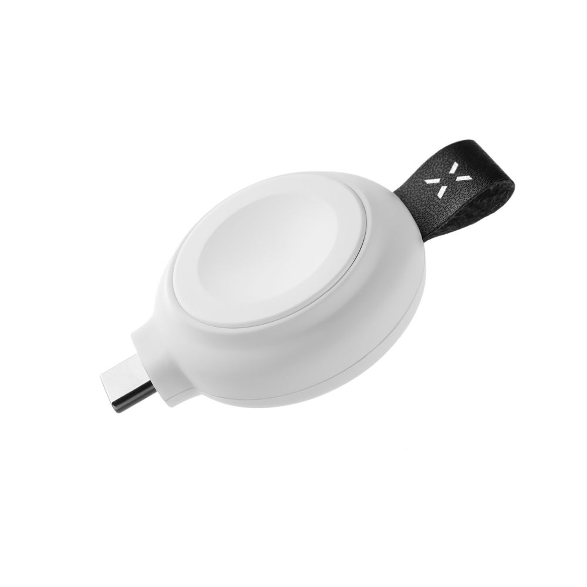 Weißes Apple Watch Ladegerät. Hat ein schwarzes Band mit einem X-Logo. Das Ladegerät ist weiß.
