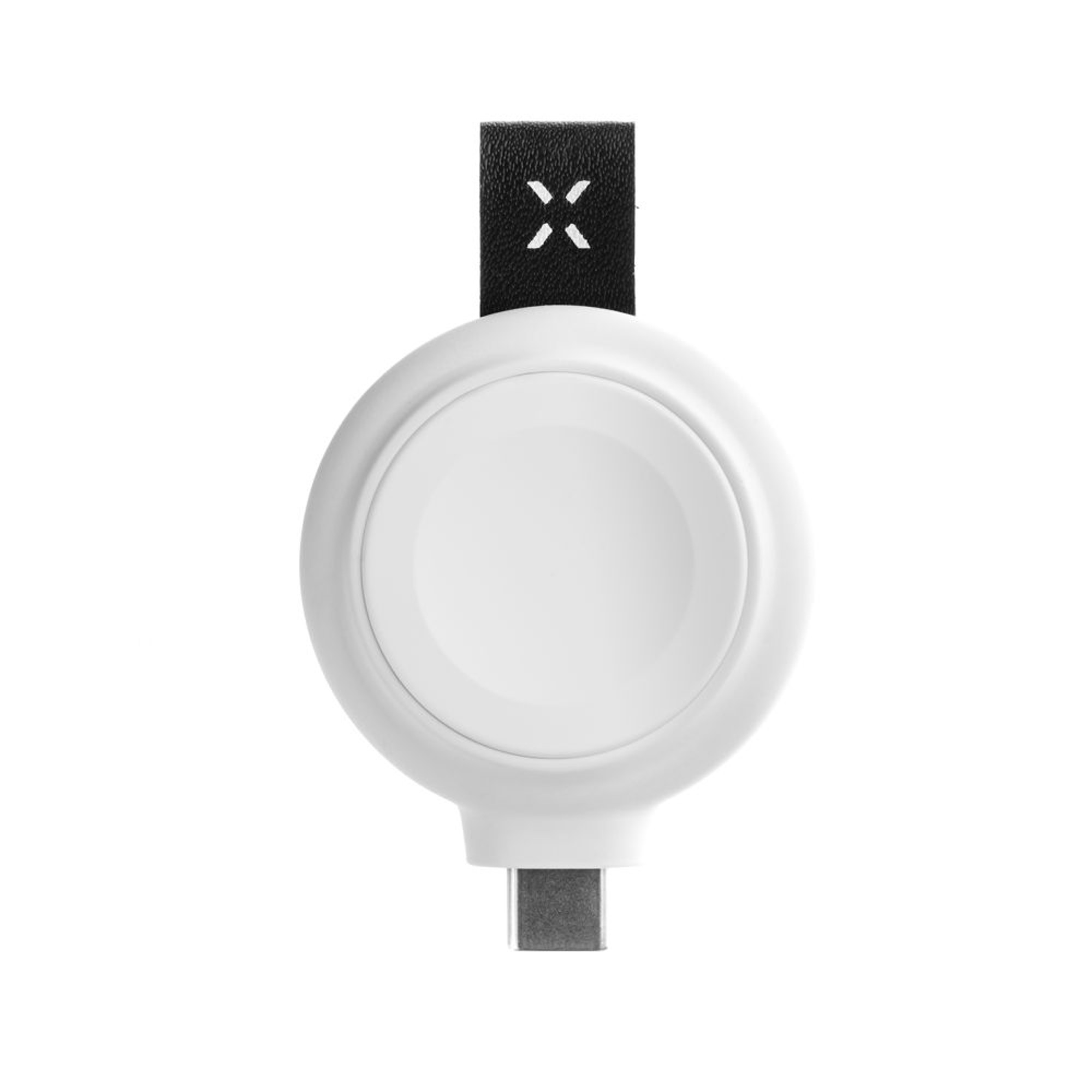 Ein weißes Apple Watch-Ladegerät mit schwarzem Lederarmband und USB-C-Anschluss.