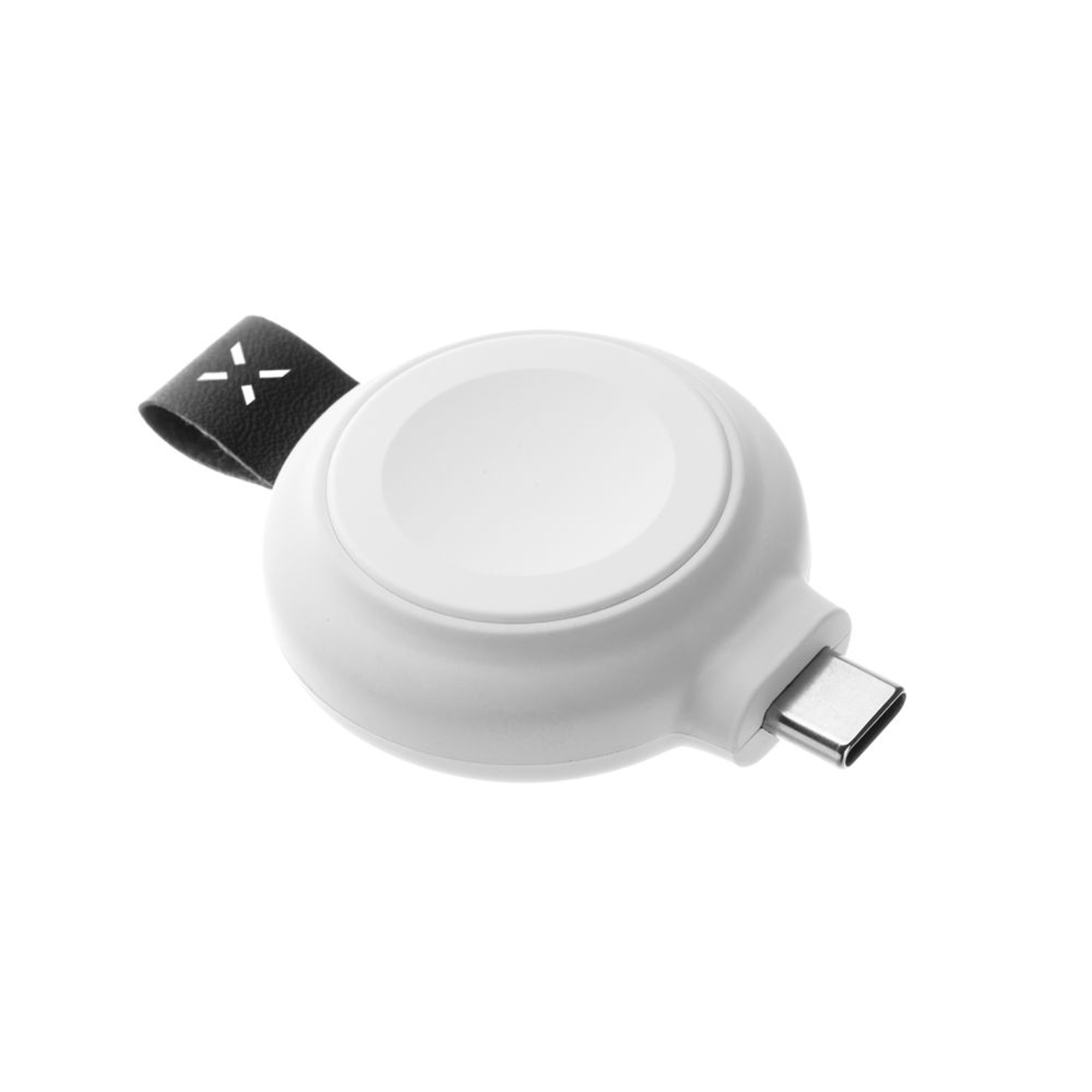 Weißes, rundes Ladegerät für eine Smartwatch mit schwarzem Armband und USB-C-Anschluss.