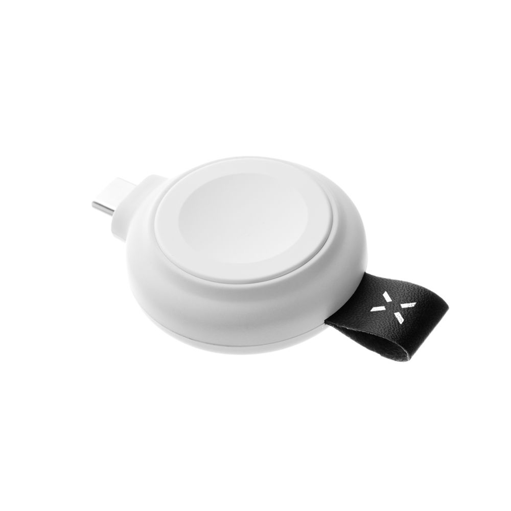 Weißes Apple Watch Ladegerät mit schwarzem Armband und USB-C-Anschluss.