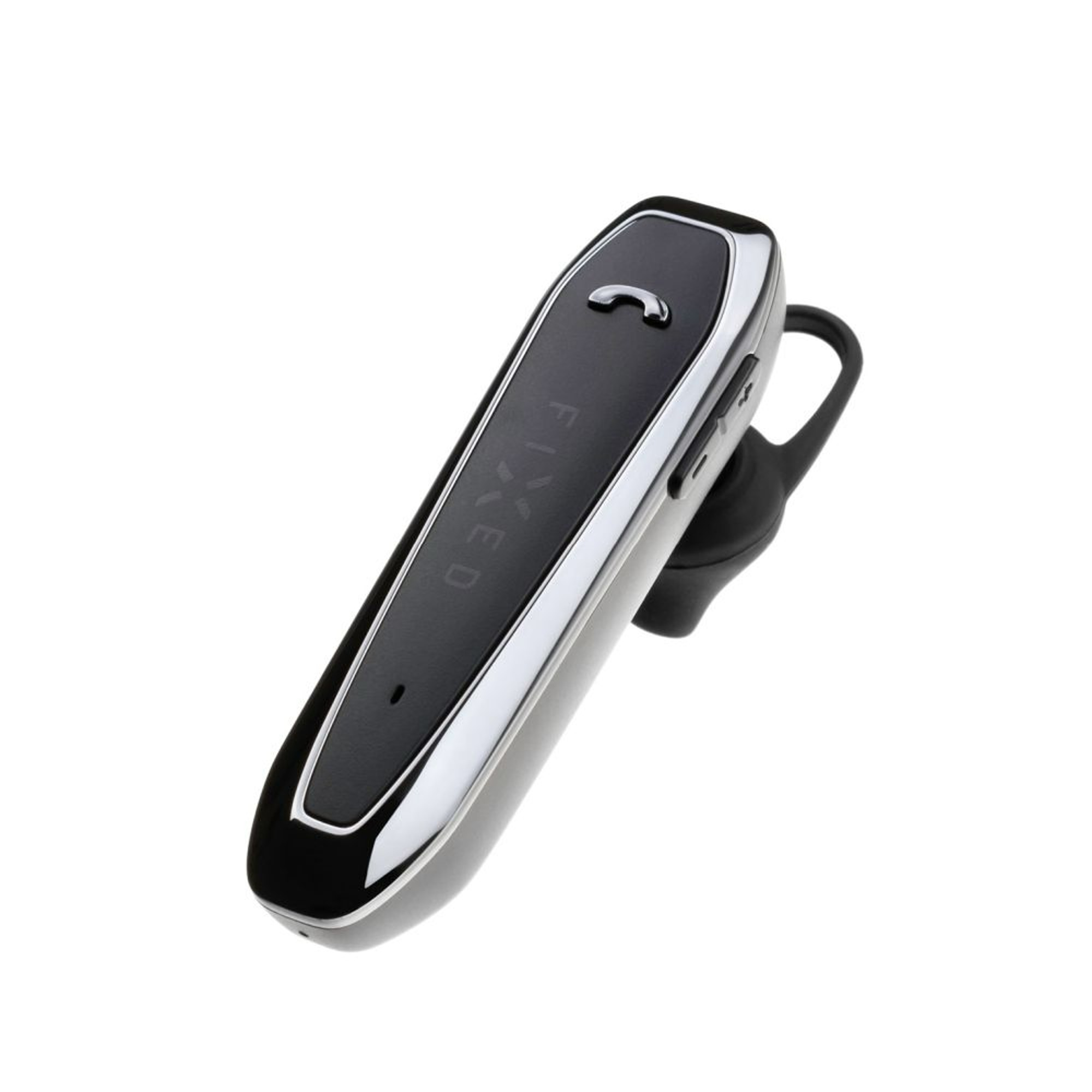 Ein schwarzes und silbernes Bluetooth-Headset. Es hat ein geschwungenes Design und ein kleines Mikrofon.