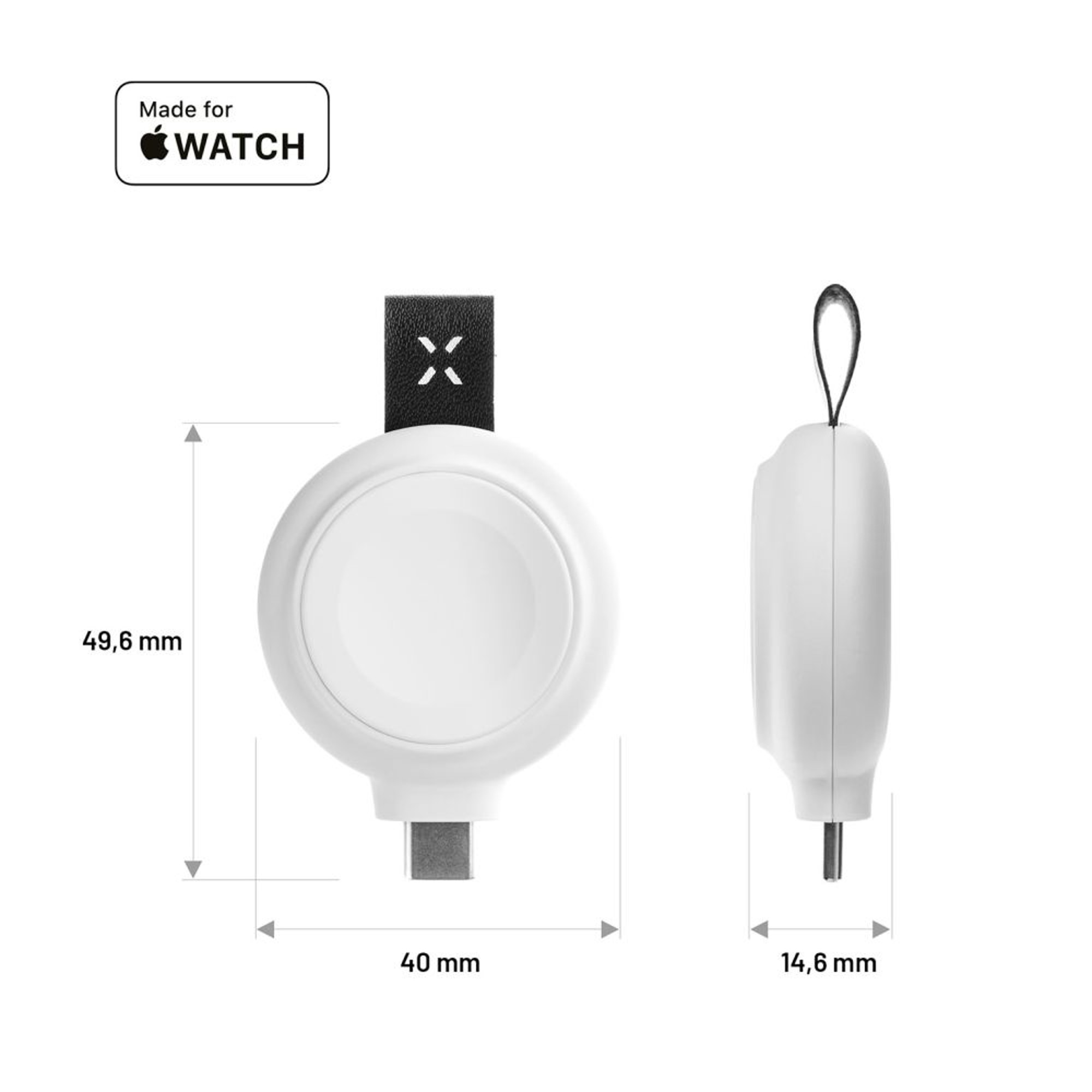 Weißes Apple Watch Ladegerät mit Maßen und Made for Apple Watch Logo.
