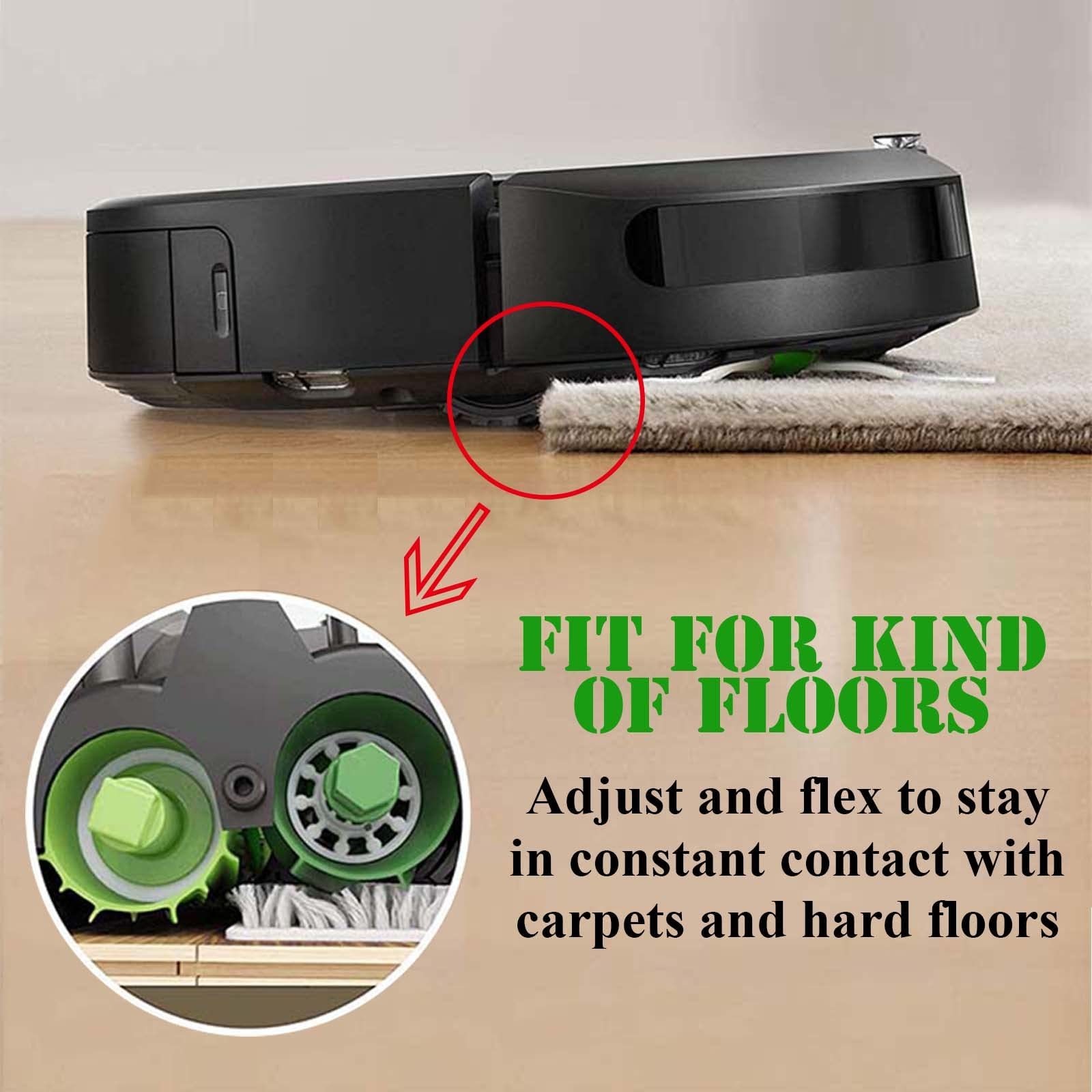 Robot odkurzający czyszczący dywan. Zielony tekst wskazujący na dopasowanie do podłóg.