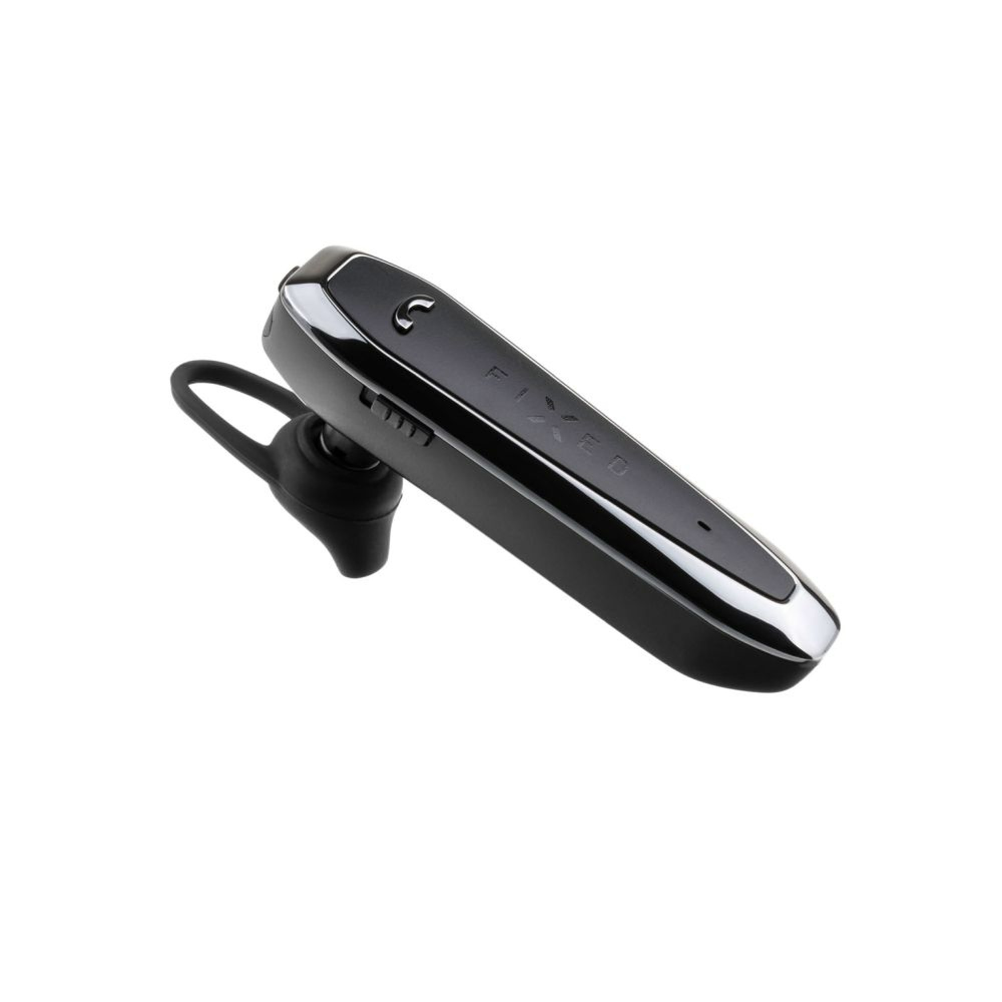 Schwarzes Bluetooth-Headset mit silbernem Akzent. Es hat einen Ohrhaken und ein Mikrofon.