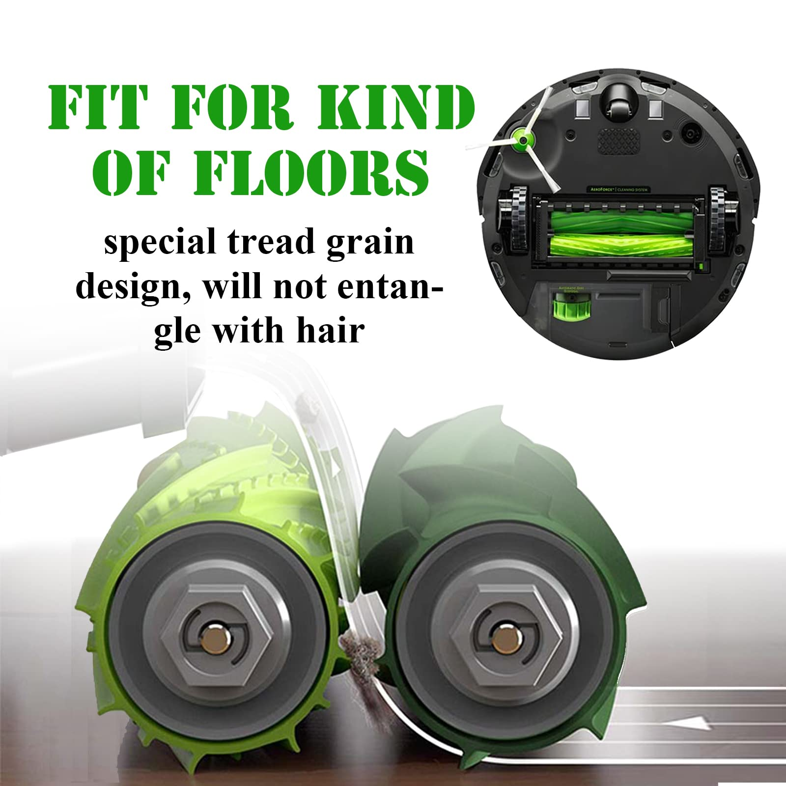 Wałki szczotkowe robota odkurzającego. Zielone włosie, tekst: 'Pasuje do każdego rodzaju podłóg'.
