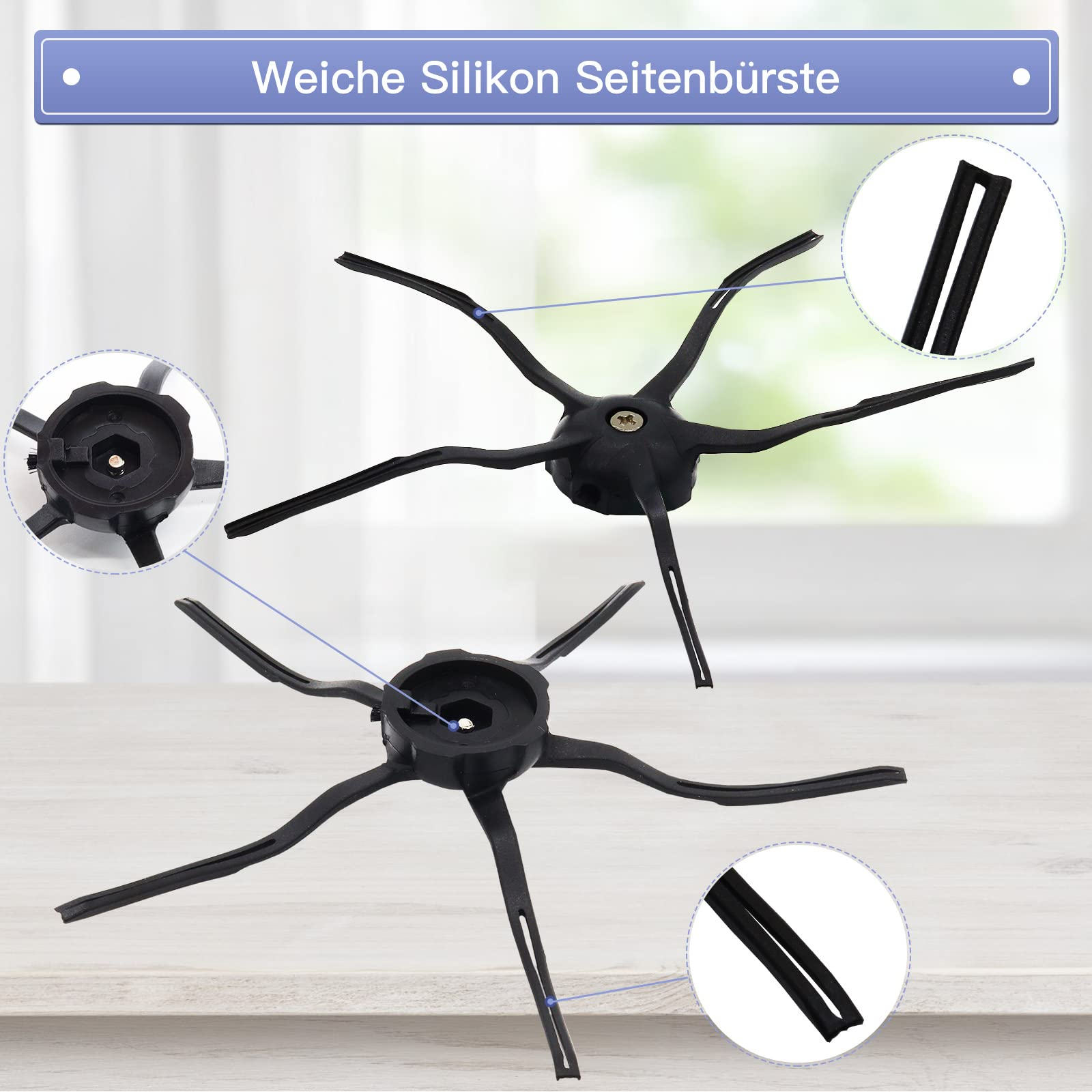 Dwie czarne szczotki do odkurzacza z wieloma ramionami. Tekst mówi 'miękka silikonowa szczotka boczna'.