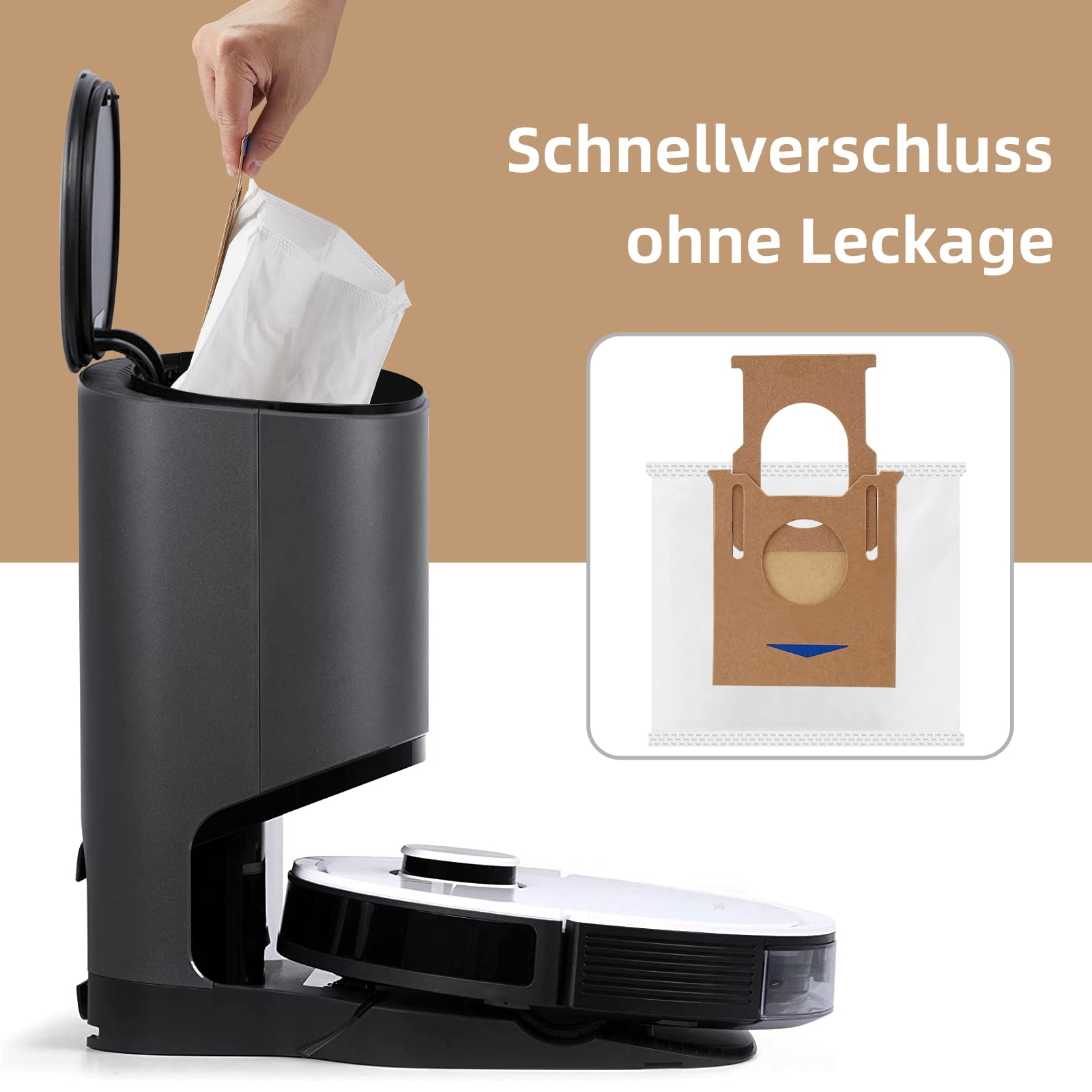 Robot odkurzający, usuwanie worka. Osoba wyjmuje worek.