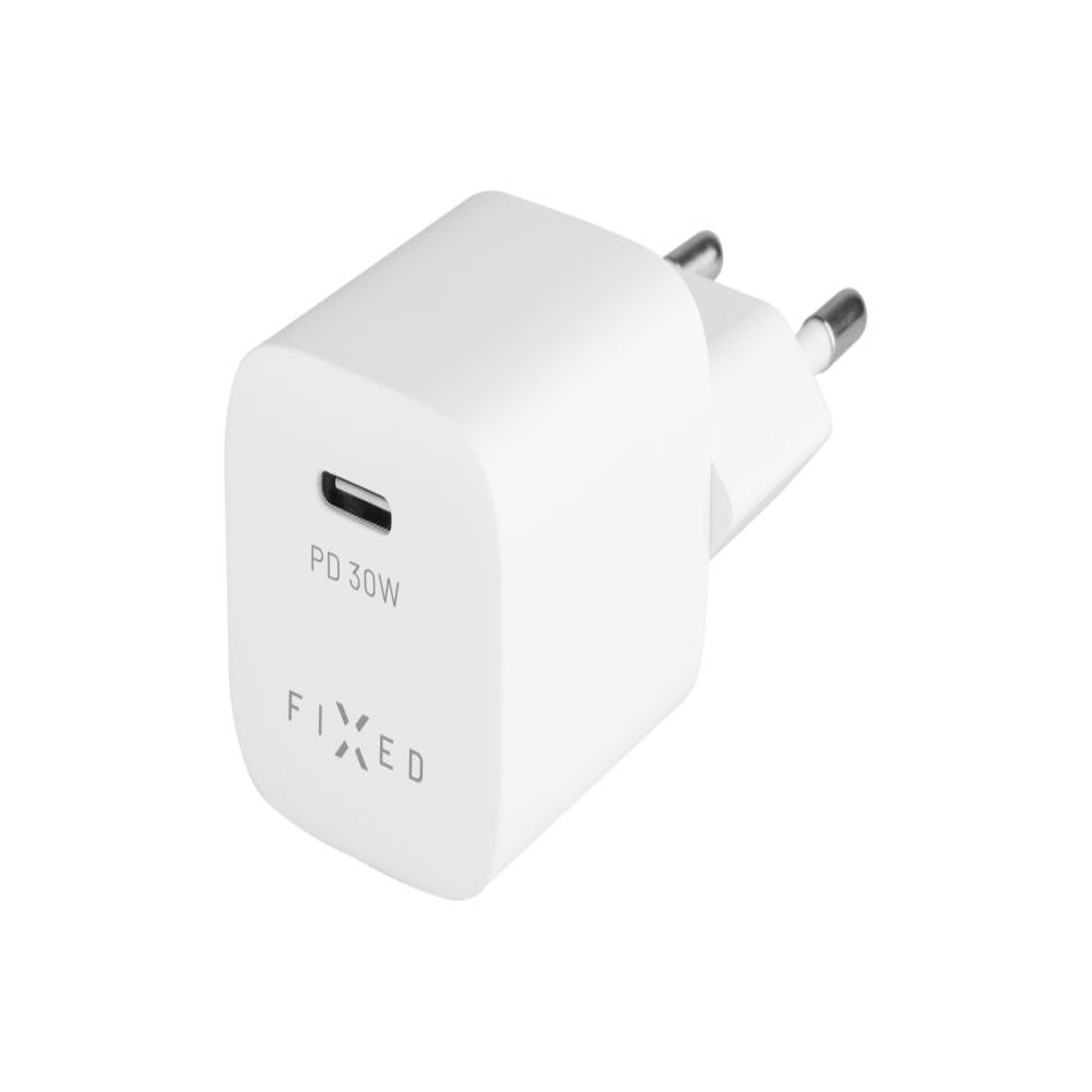 Caricatore da parete bianco con una singola porta USB-C. Testo: 'PD 30W' e 'FIXED'. Pin argentati per la presa.
