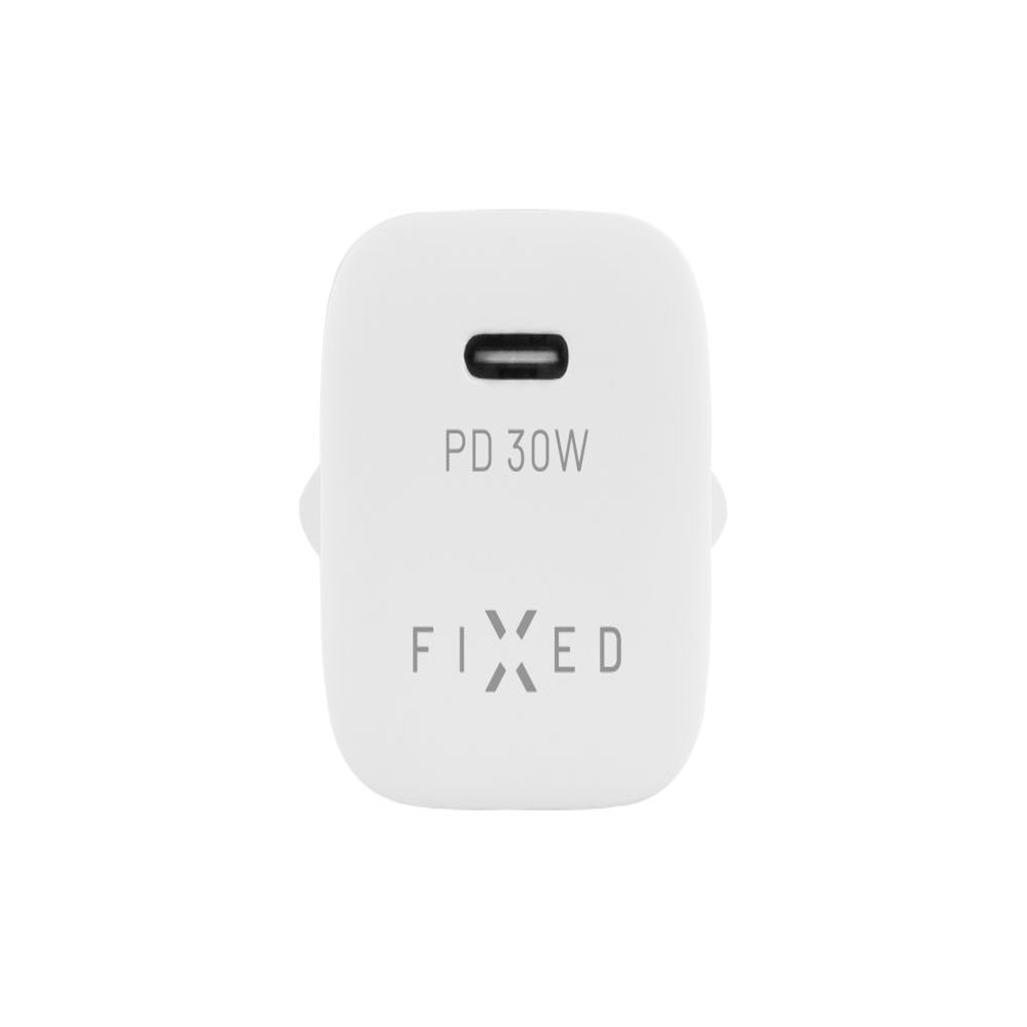 Caricatore Fixed PD 30W bianco con una porta. Il testo sul caricatore è grigio. Sfondo bianco.