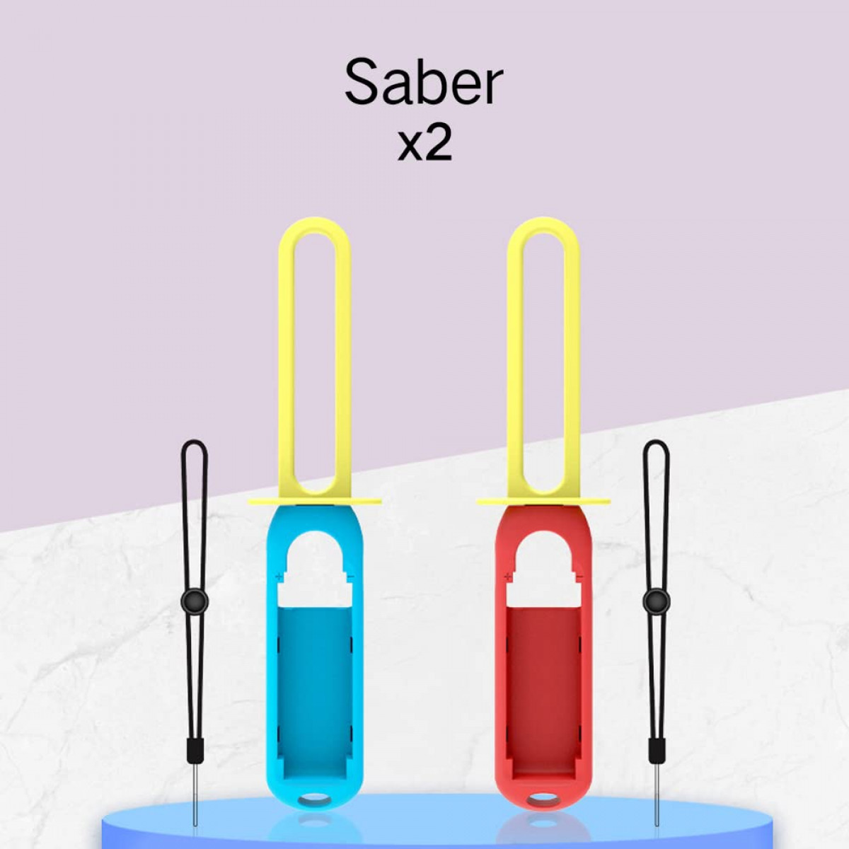 Zwei Eis am Stiel-Formen, blau und rot, mit gelben Griffen und schwarzen Schnüren.