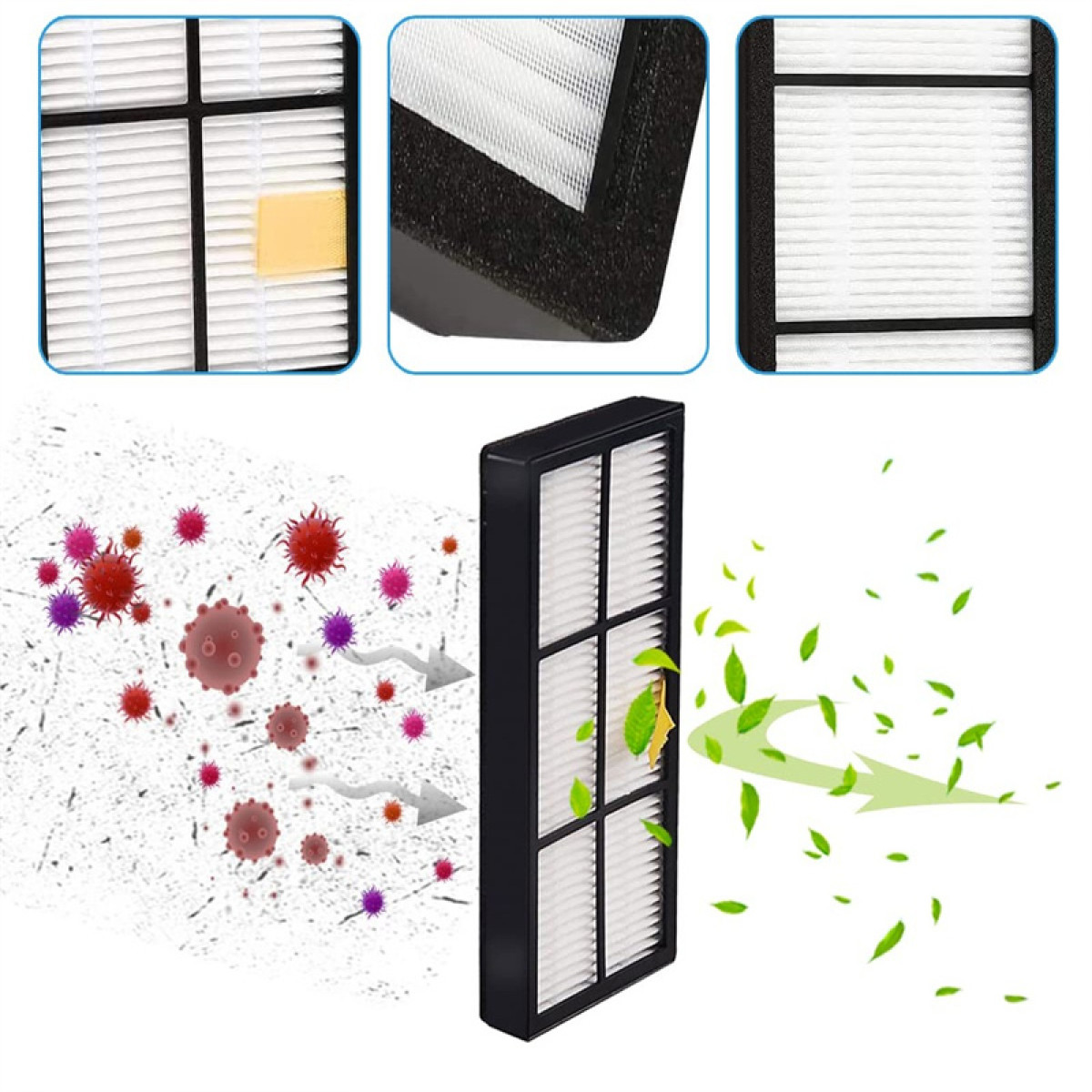 Elementy filtra powietrza ze strzałkami pokazującymi przepływ powietrza. Obecne są czerwone ilustracje wirusów i zielone liście.