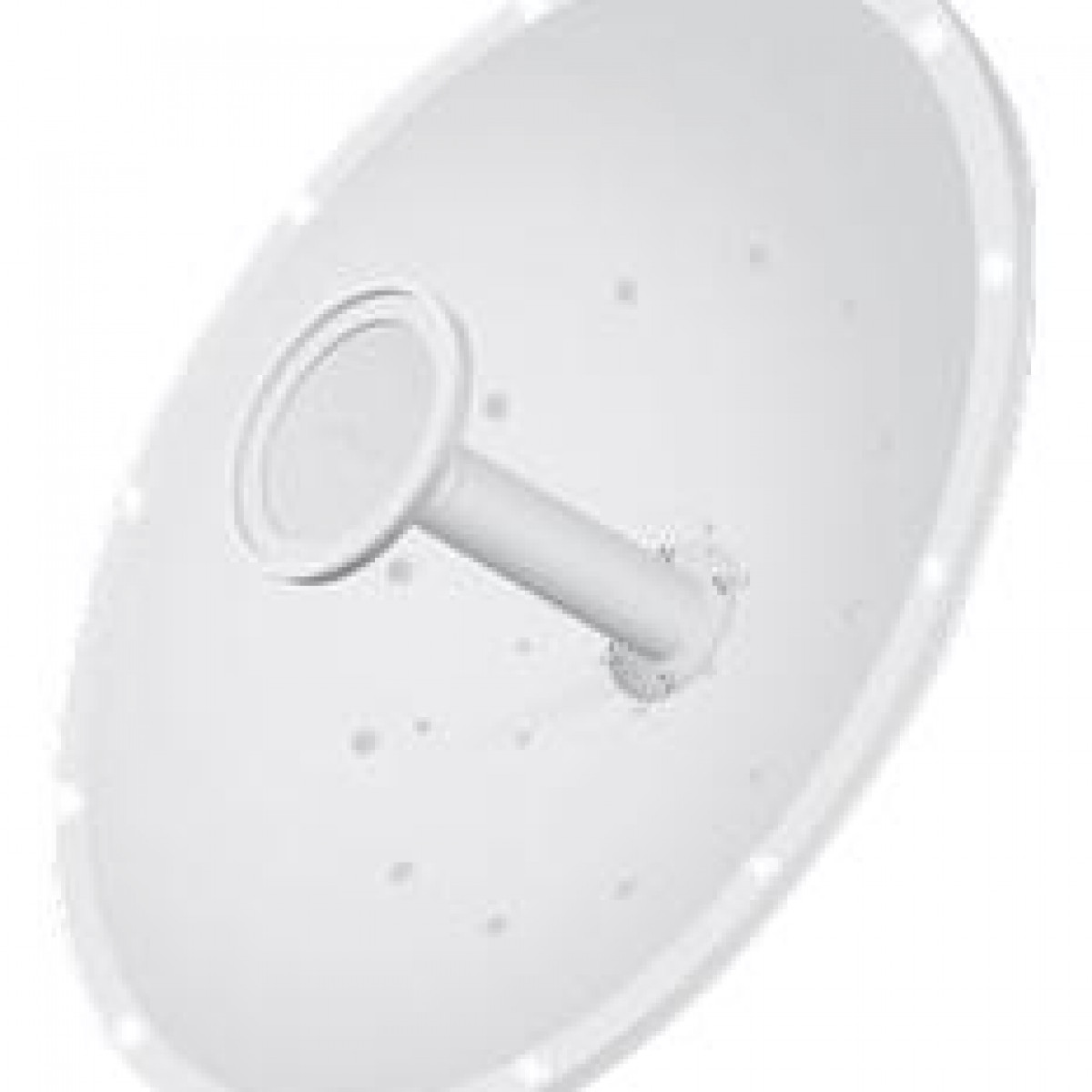 Eine weiße WLAN-Antenne. Sie hat eine kreisförmige Form mit einem Griff und kleinen Löchern. Weißer Hintergrund.