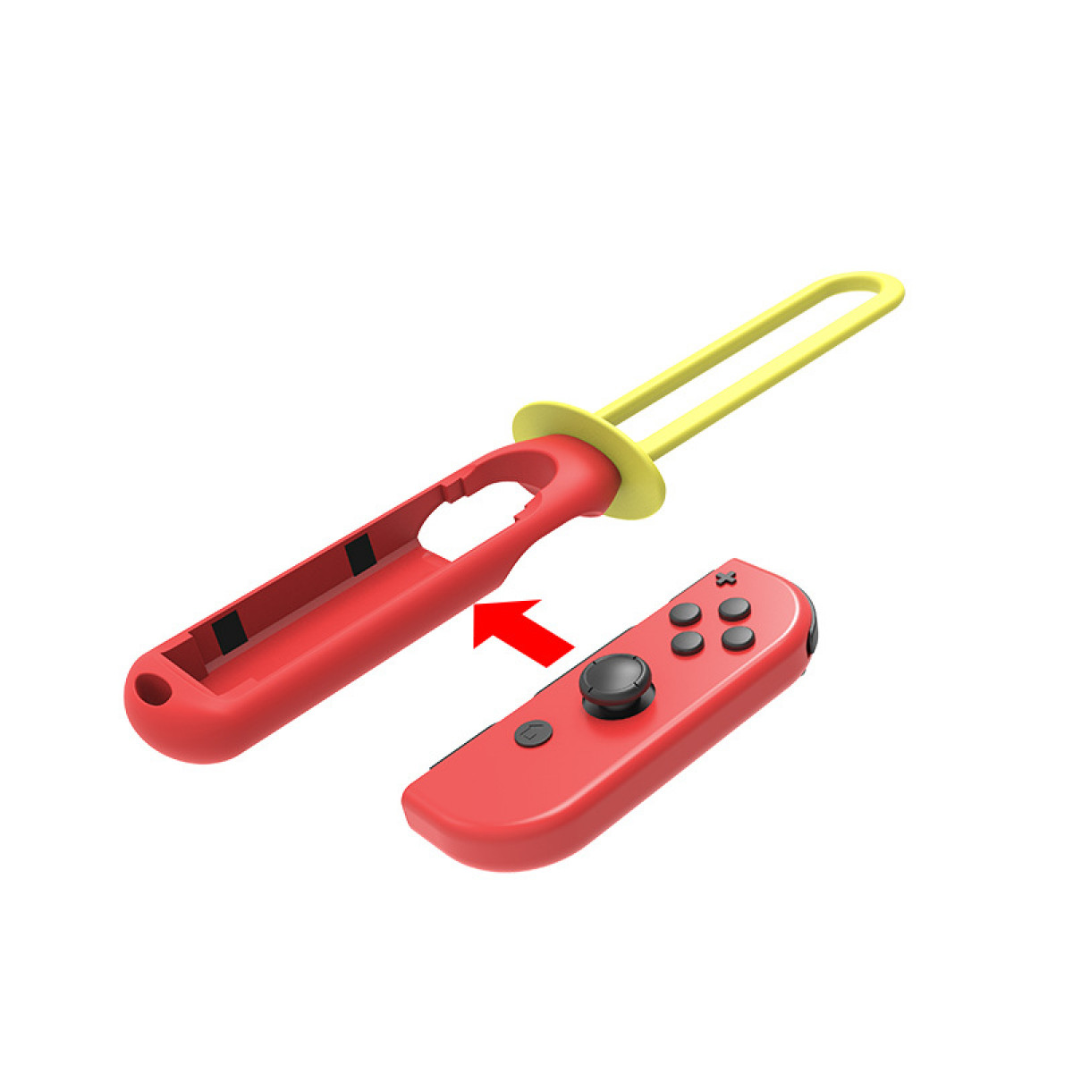 Ein roter Spielcontroller neben einem roten Rahmen mit gelbem Griff; ein Pfeil zeigt die Montage an.