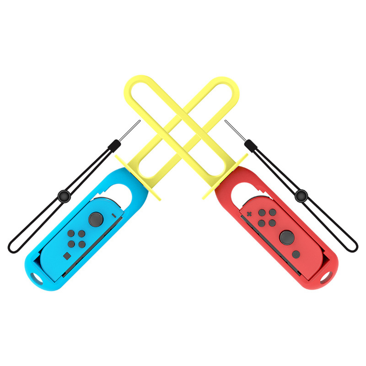 Zwei gekreuzte Gamecontroller, blau und rot. Gelber Verbinder. Schwarze Handschlaufen.