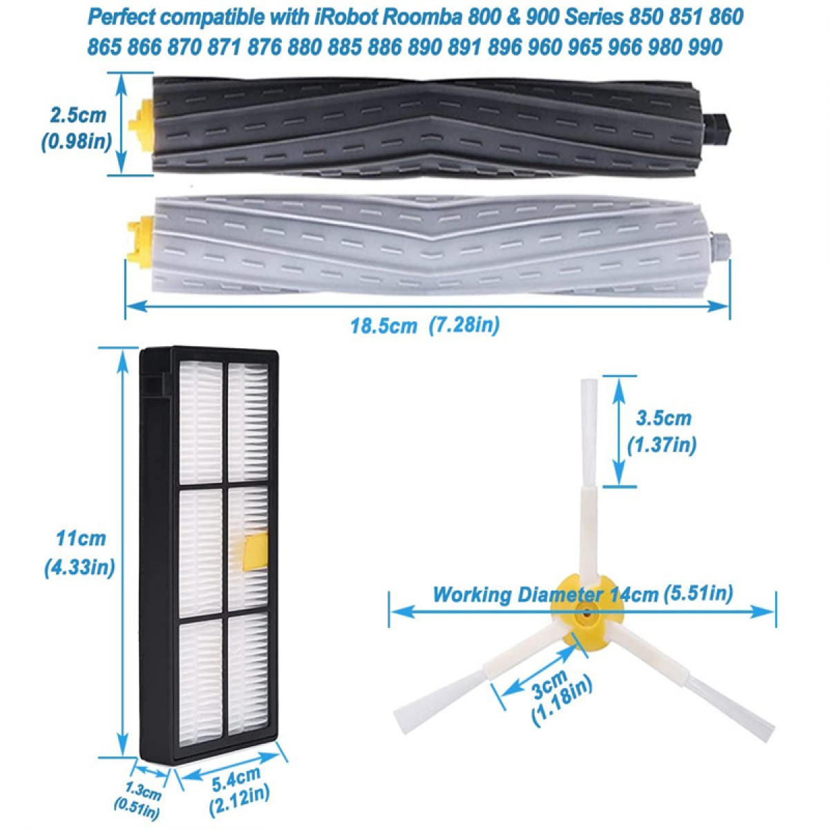 Schemat części iRobot Roomba: szczotki, filtr i wymiary. Widoczny tekst z pomiarami.