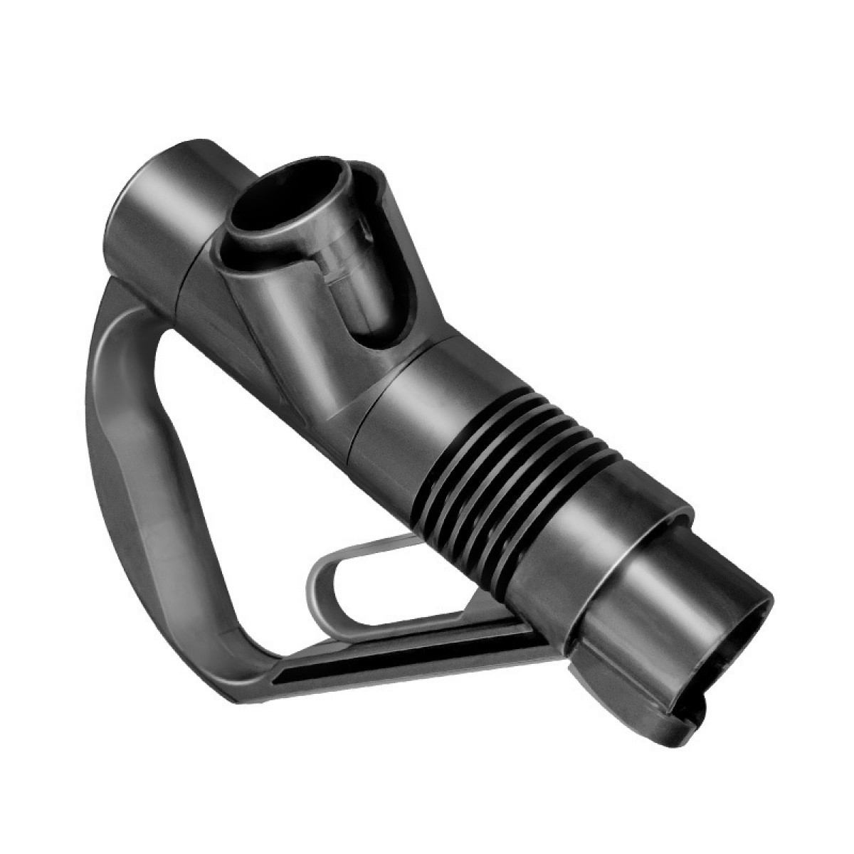 Srebrna nasadka do odkurzacza z uchwytem i żebrowaną dyszą.