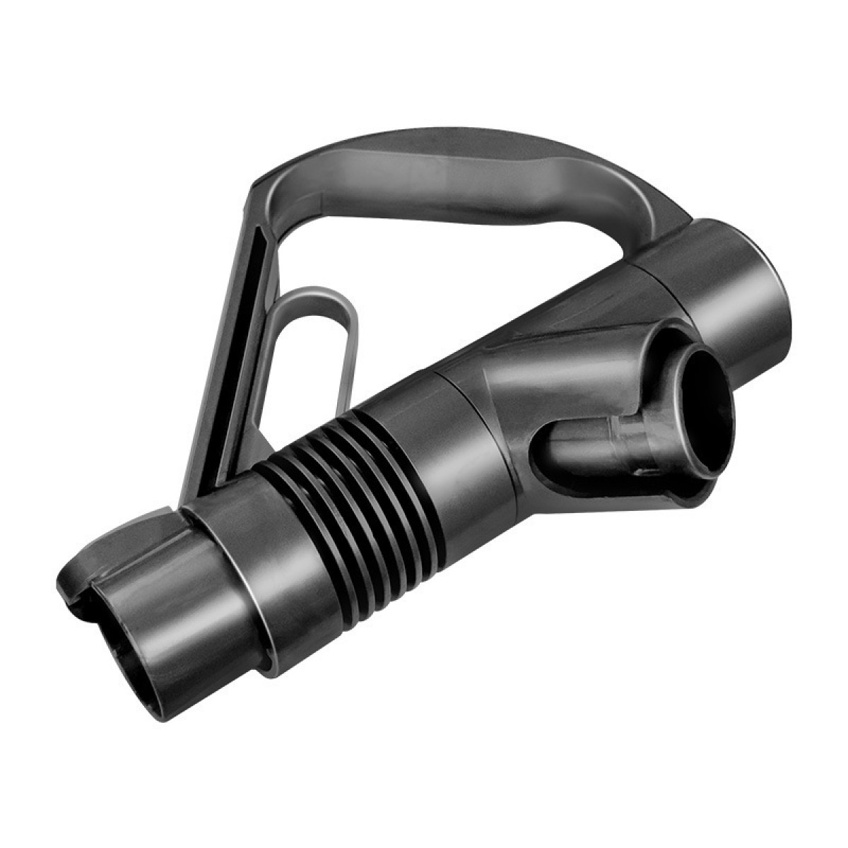 Czarny uchwyt do odkurzacza. Ma uchwyt i rurę do odkurzacza.