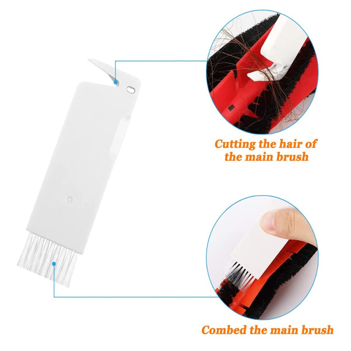 Narzędzie do czyszczenia szczotek z tekstem i zbliżeniami pokazującymi, jak czyścić szczotkę.