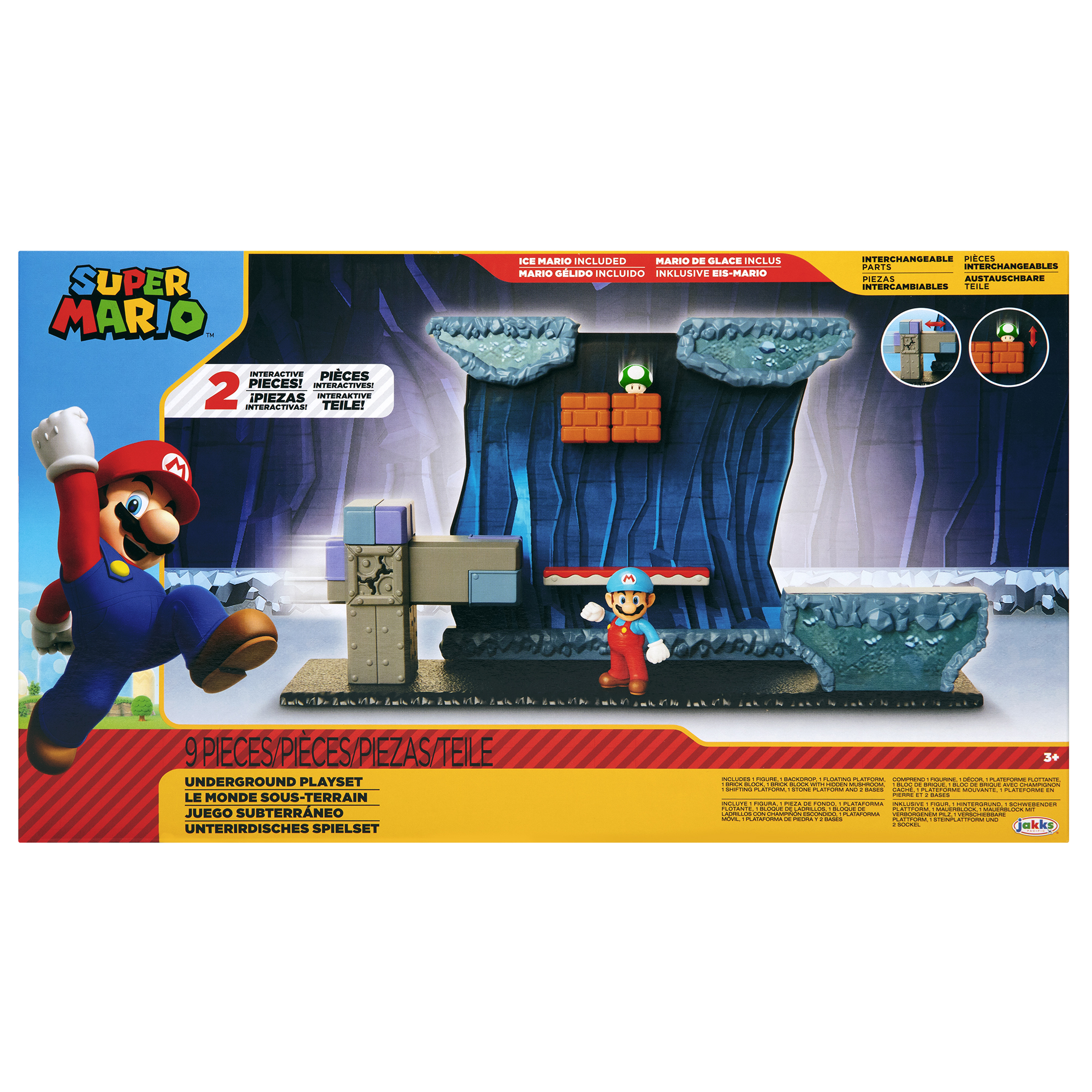 Caja de juego de Super Mario. Figura de Mario, figura de Mario de hielo, con un fondo de juego.