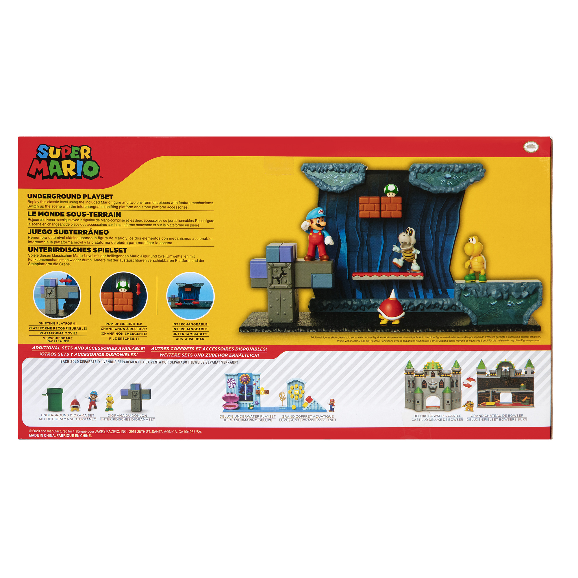 La parte trasera de una caja de juego de Super Mario. La caja muestra el juego y sus accesorios.