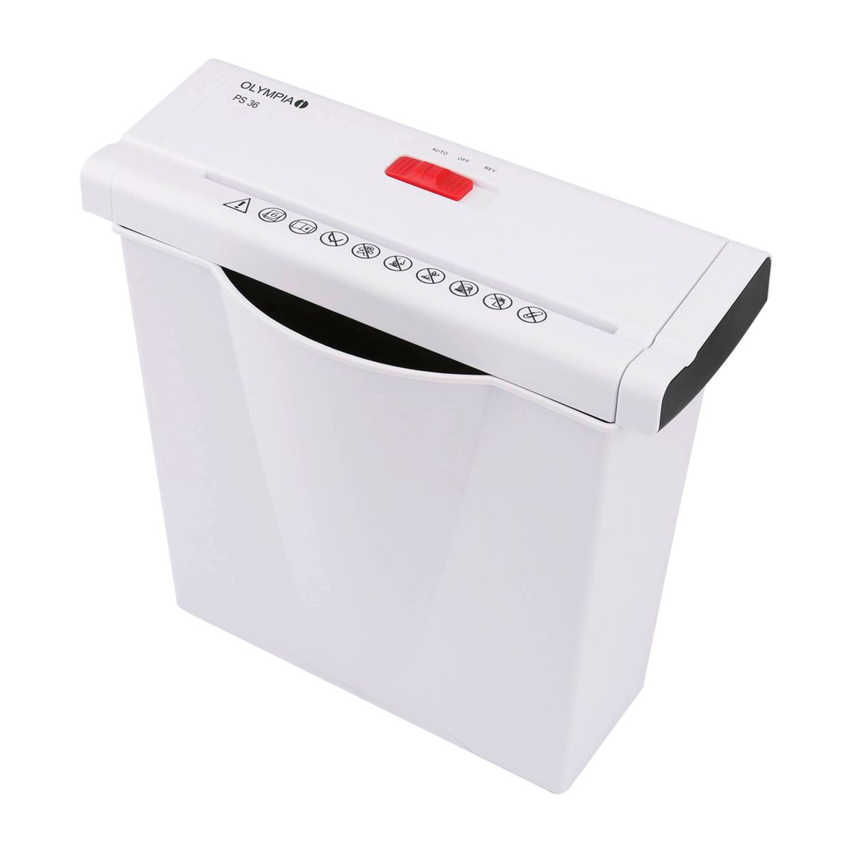 Weißer Aktenvernichter mit roter Taste. Schwarze Papieröffnung.