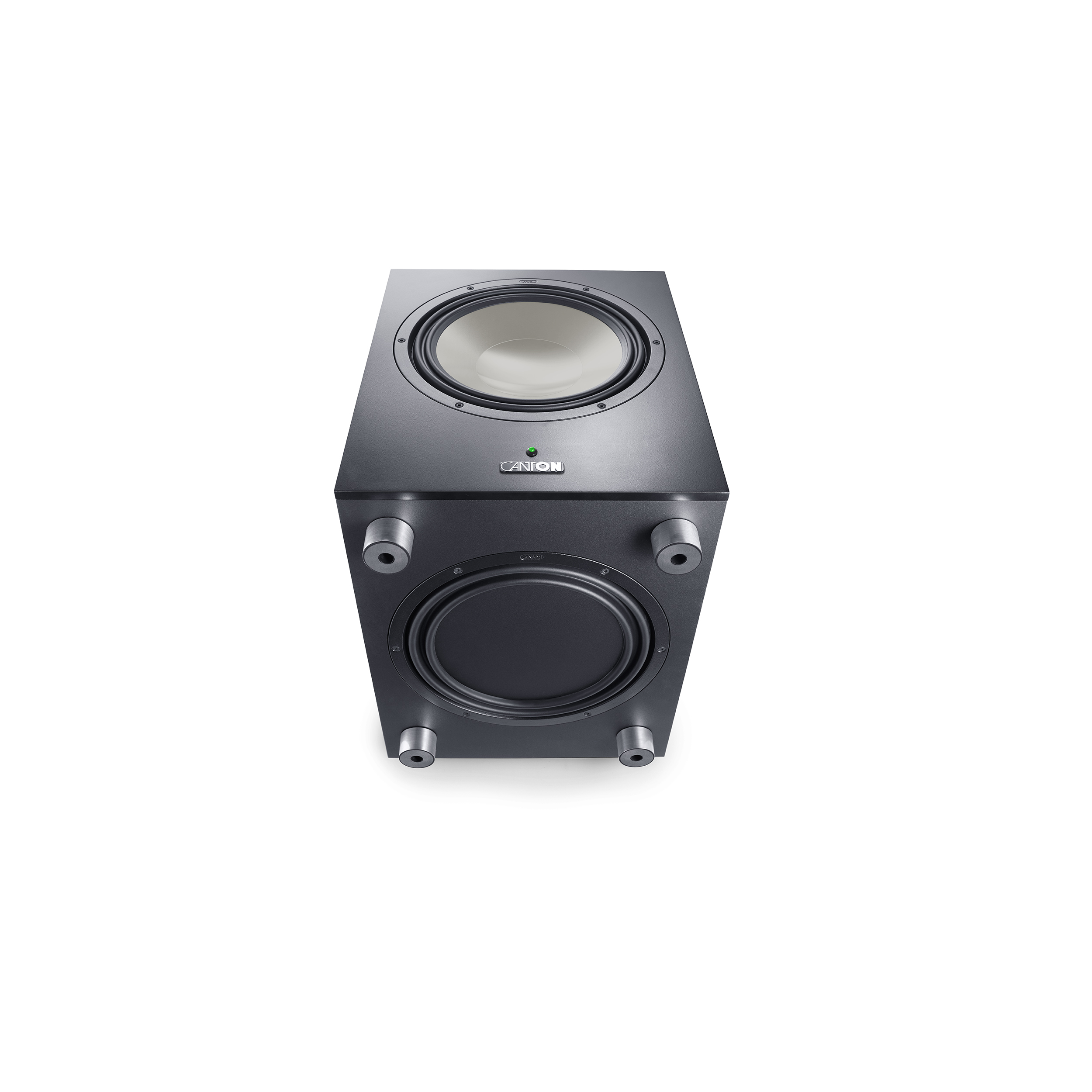 Schwarzer Canton-Subwoofer auf Weiß. Der Lautsprecher hat einen sichtbaren Tieftöner und das Canton-Logo.