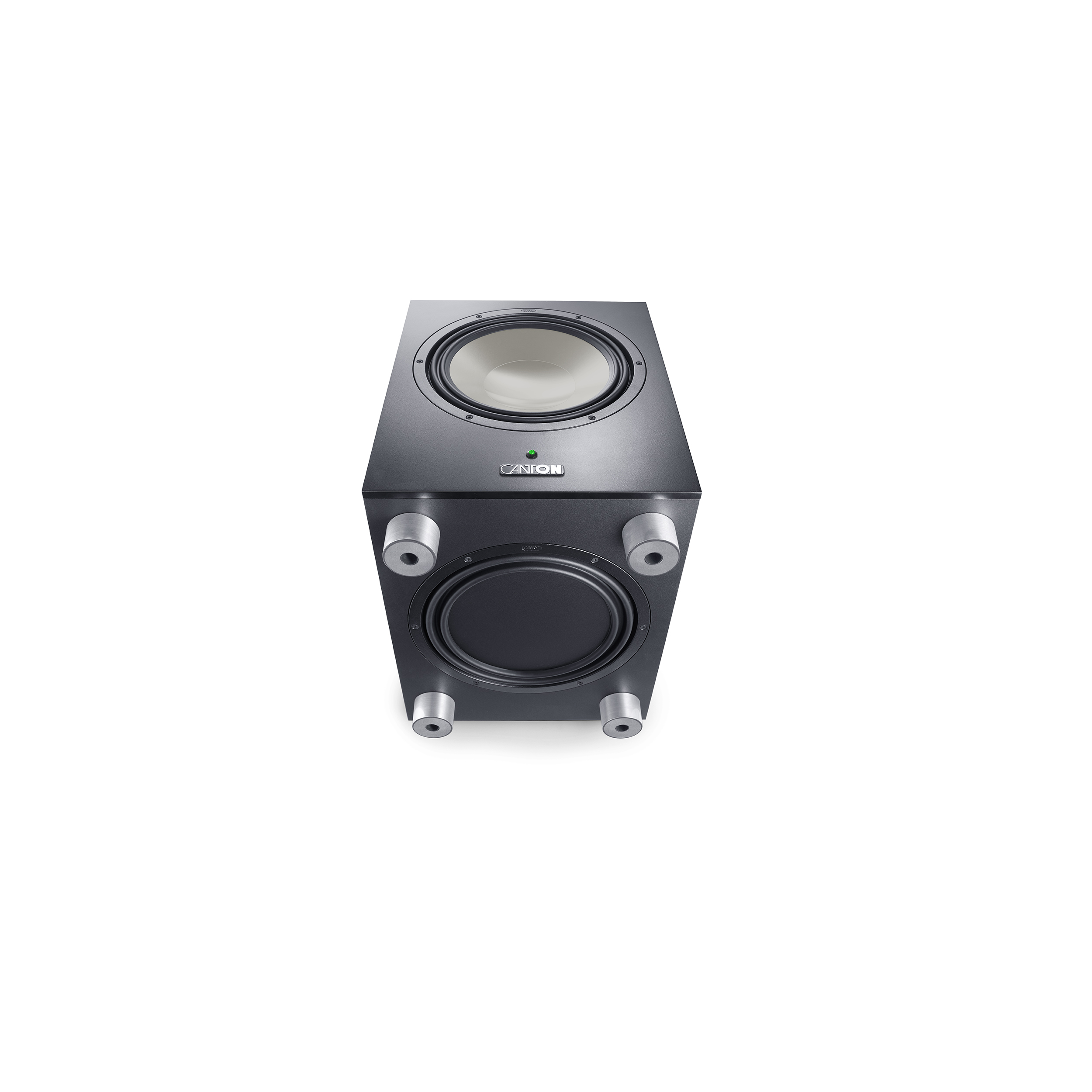 Schwarzer Subwoofer-Lautsprecher mit weißem Konus, silbernen Füßen und Canton-Logo.