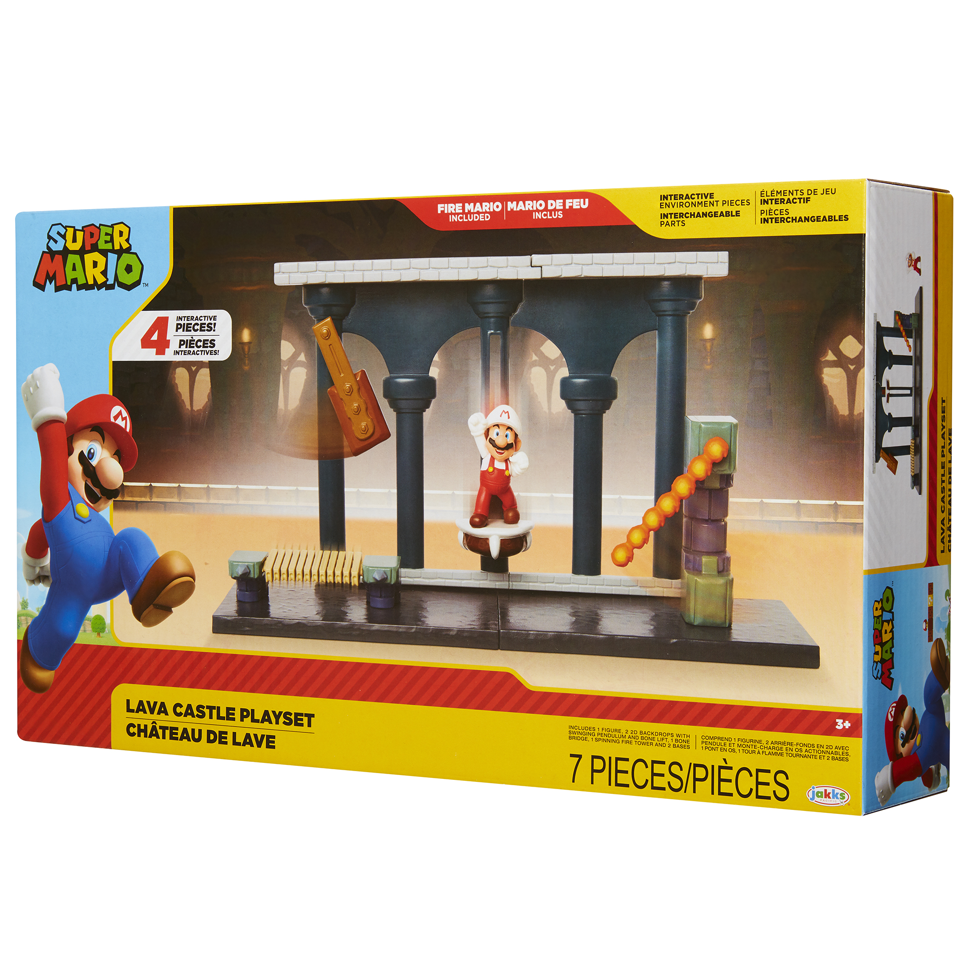 Caja del set de juego Super Mario Lava Castle, mostrando una figura de Mario y una escena del castillo.