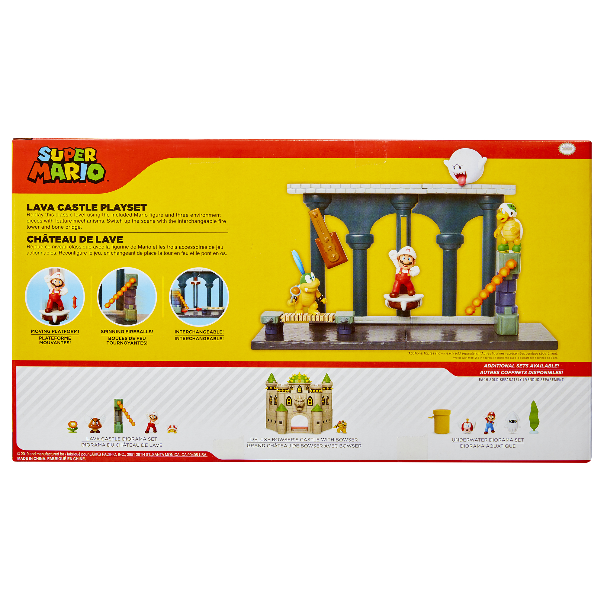 Caja del set de juego Super Mario Lava Castle. Se muestran personajes y características, incluyendo plataformas móviles y el castillo de Bowser.