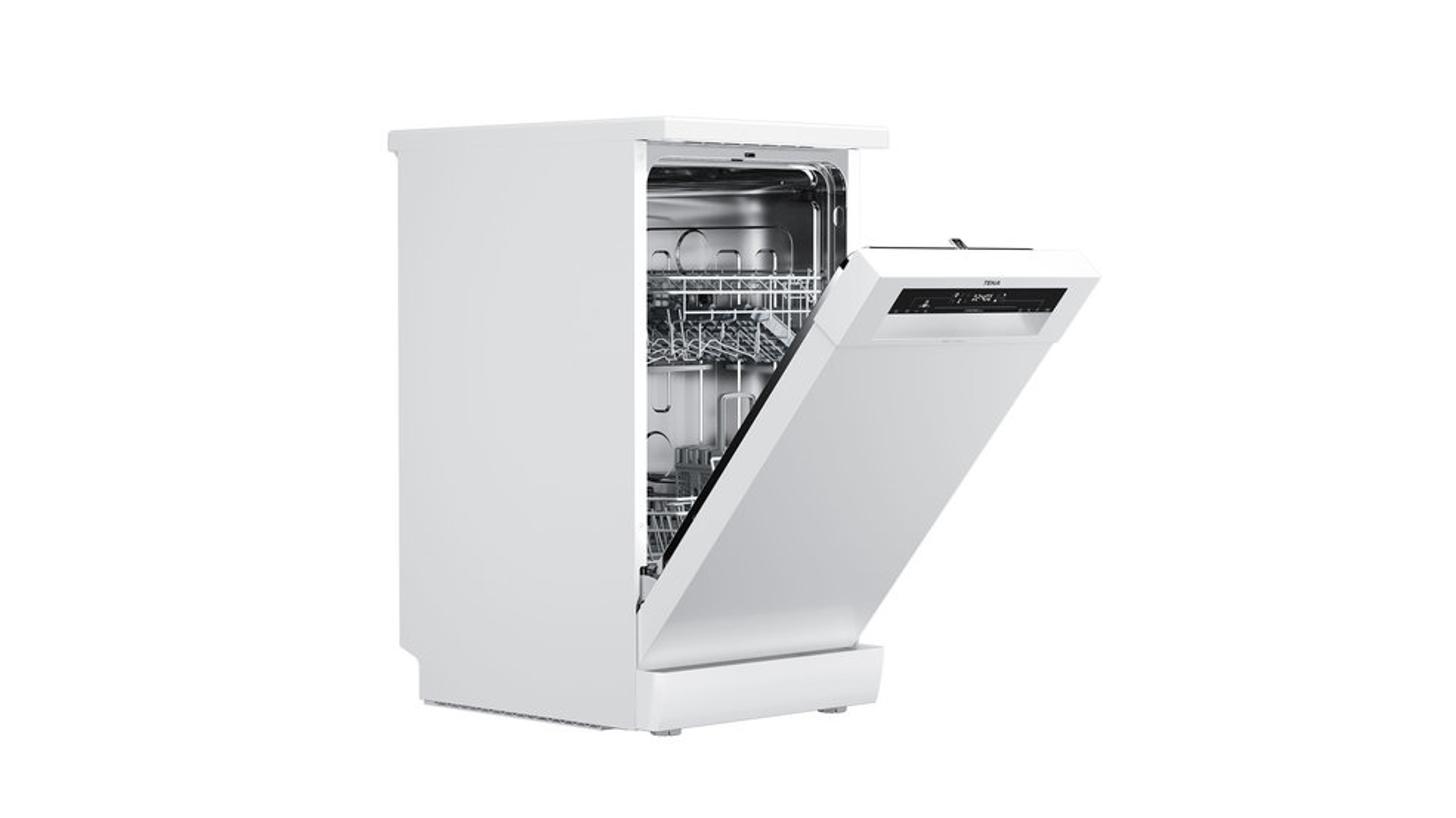 Lavavajillas blanco con puerta abierta, mostrando rejillas e interior.