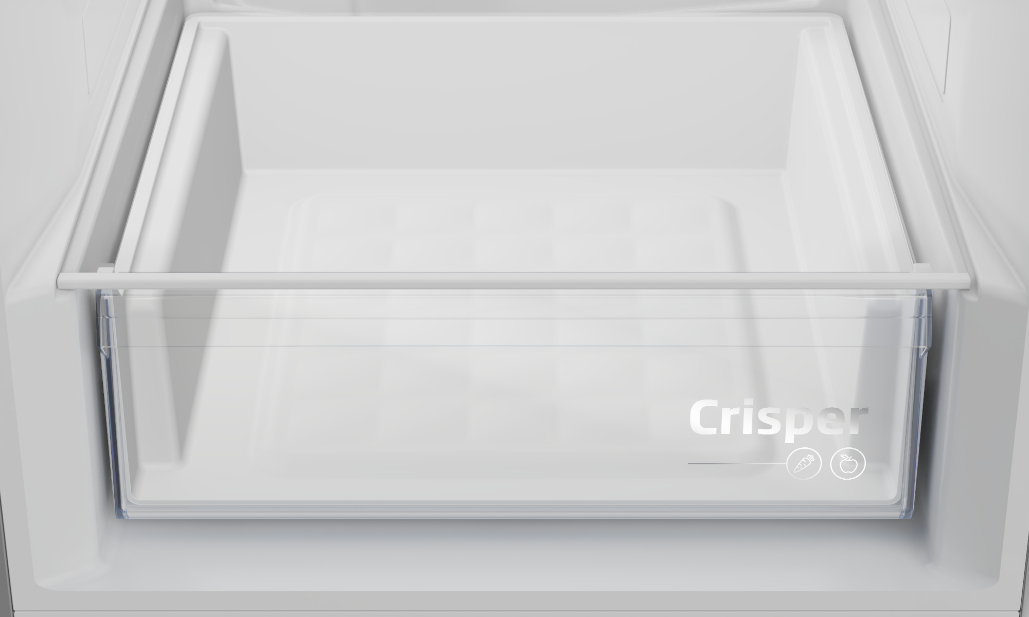 Biała szuflada na warzywa w lodówce. Widoczne słowo 'Crisper' oraz ikony.