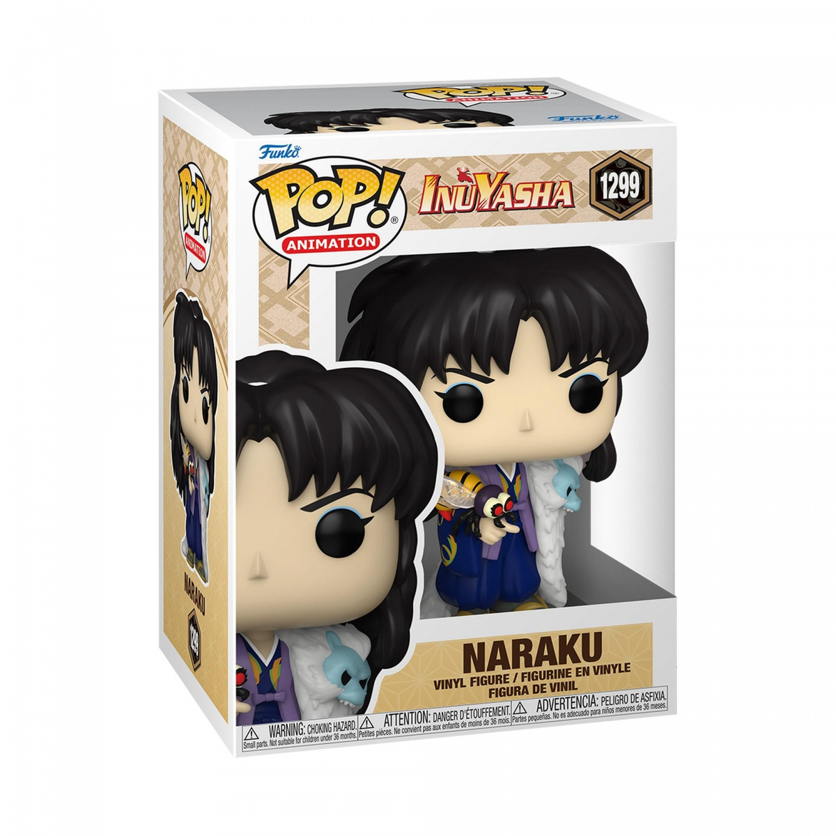 Figura Funko Pop en caja. Es del personaje de anime Naraku de Inuyasha. La caja es blanca y beige.