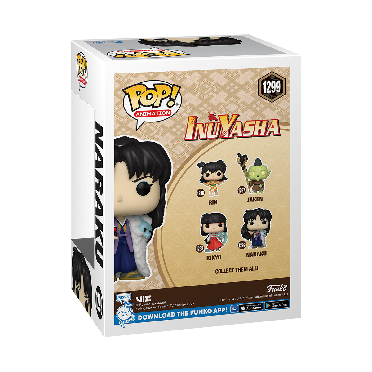 Funko Pop-Box mit Inuyasha-Charakteren: Rin, Jakin, Kikyo und Naraku.