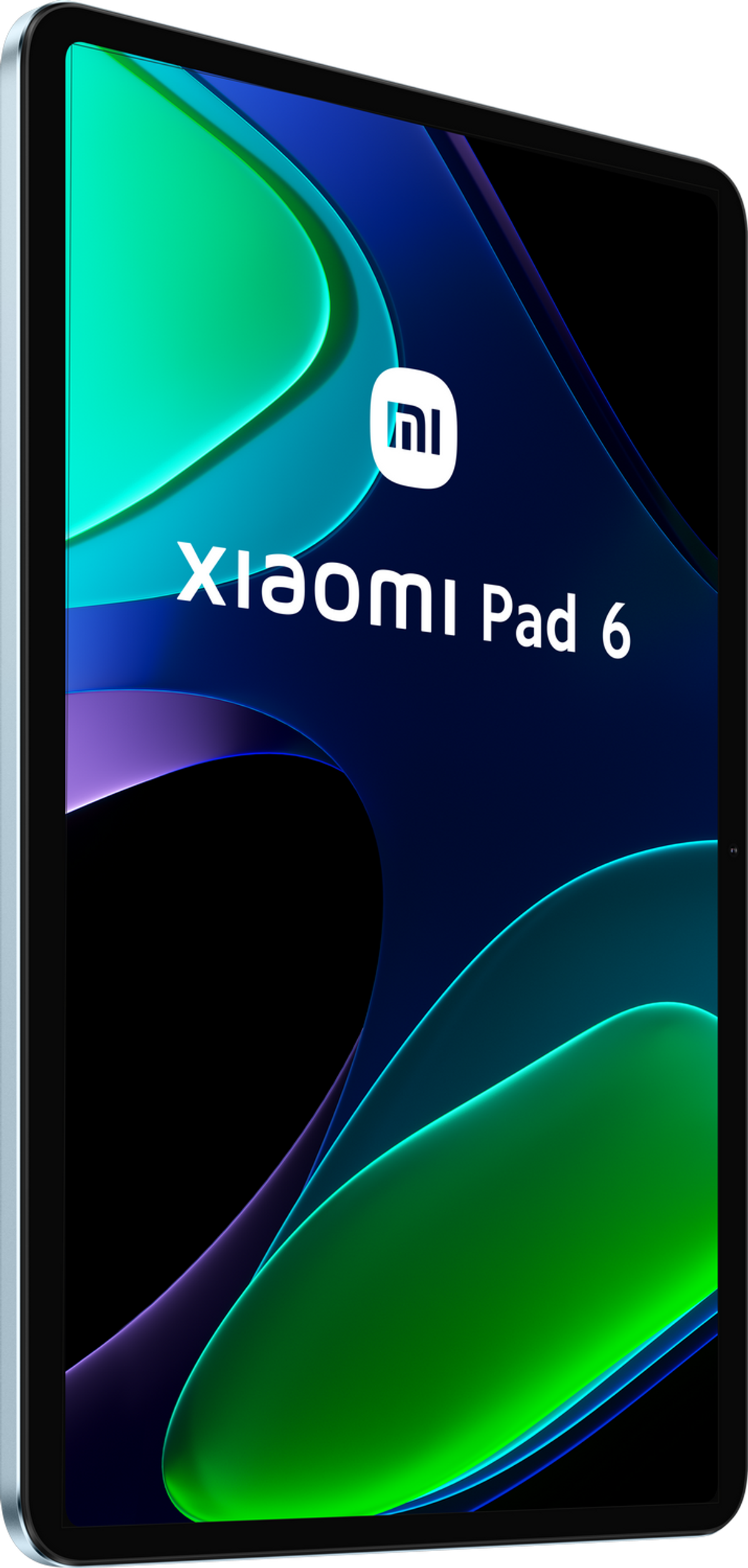 Tablet mit blauem und grünem Bildschirm. Schwarzer Rahmen, weißer Hintergrund.