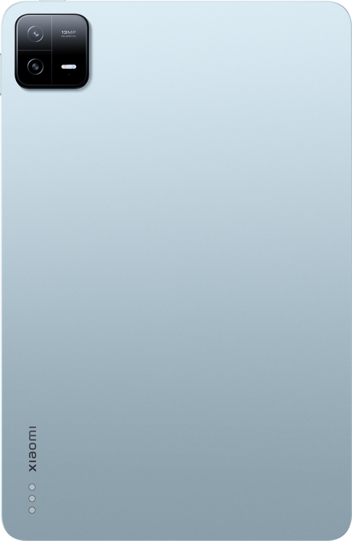 Himmelblaues Tablet, Rückansicht, Kameralinse und Xiaomi-Logo unten.