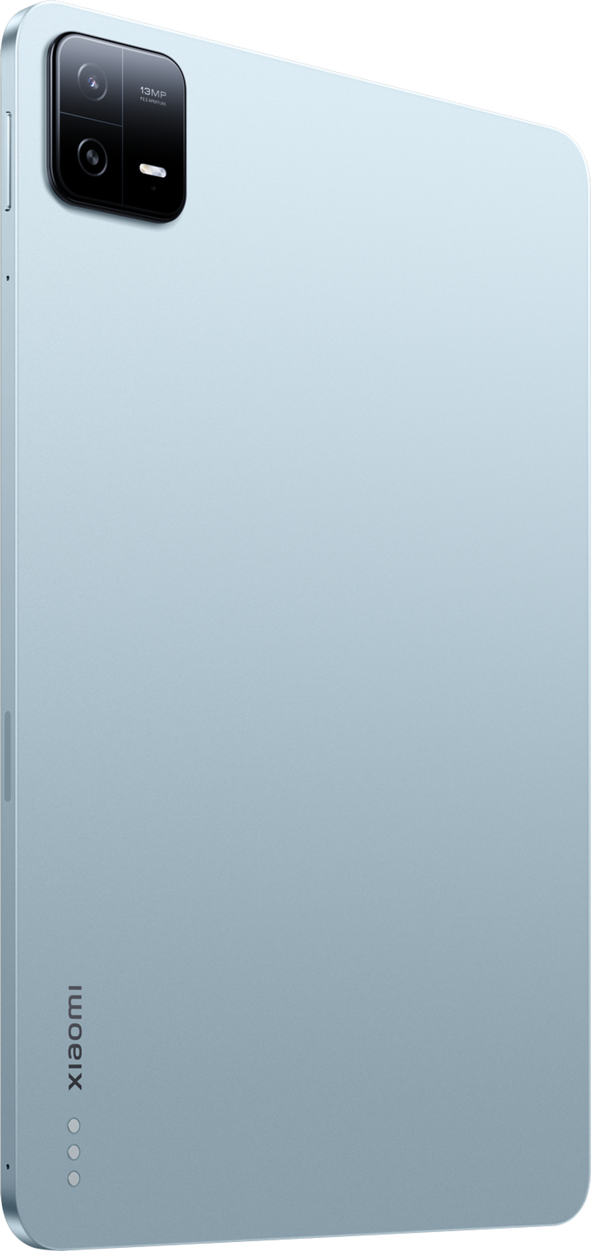 Hellblaues Tablet auf weißer Oberfläche, mit Kamera und Xiaomi-Branding.