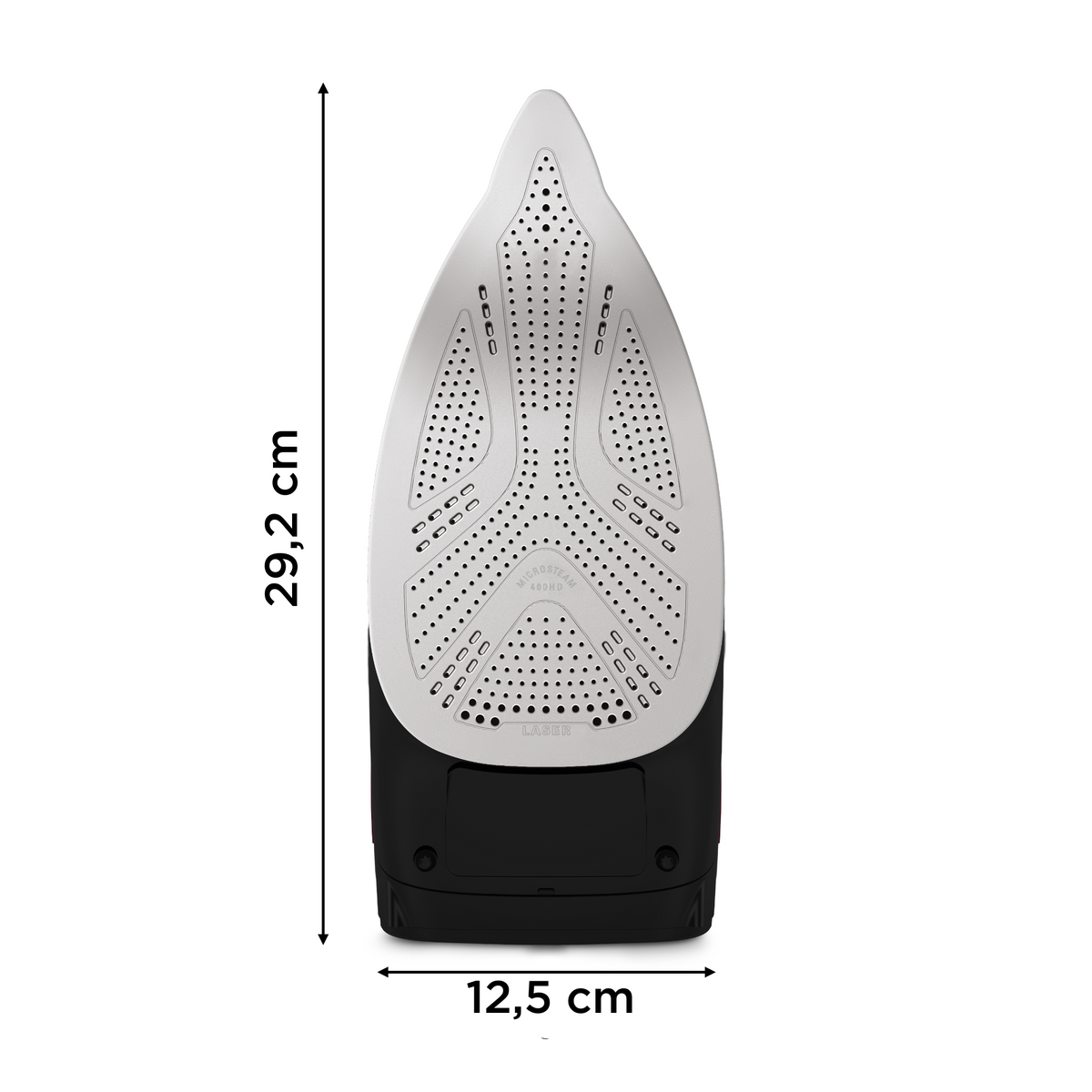 Widok z góry na czarno-białe żelazko. Wymiary: 29,2 cm długości i 12,5 cm szerokości.