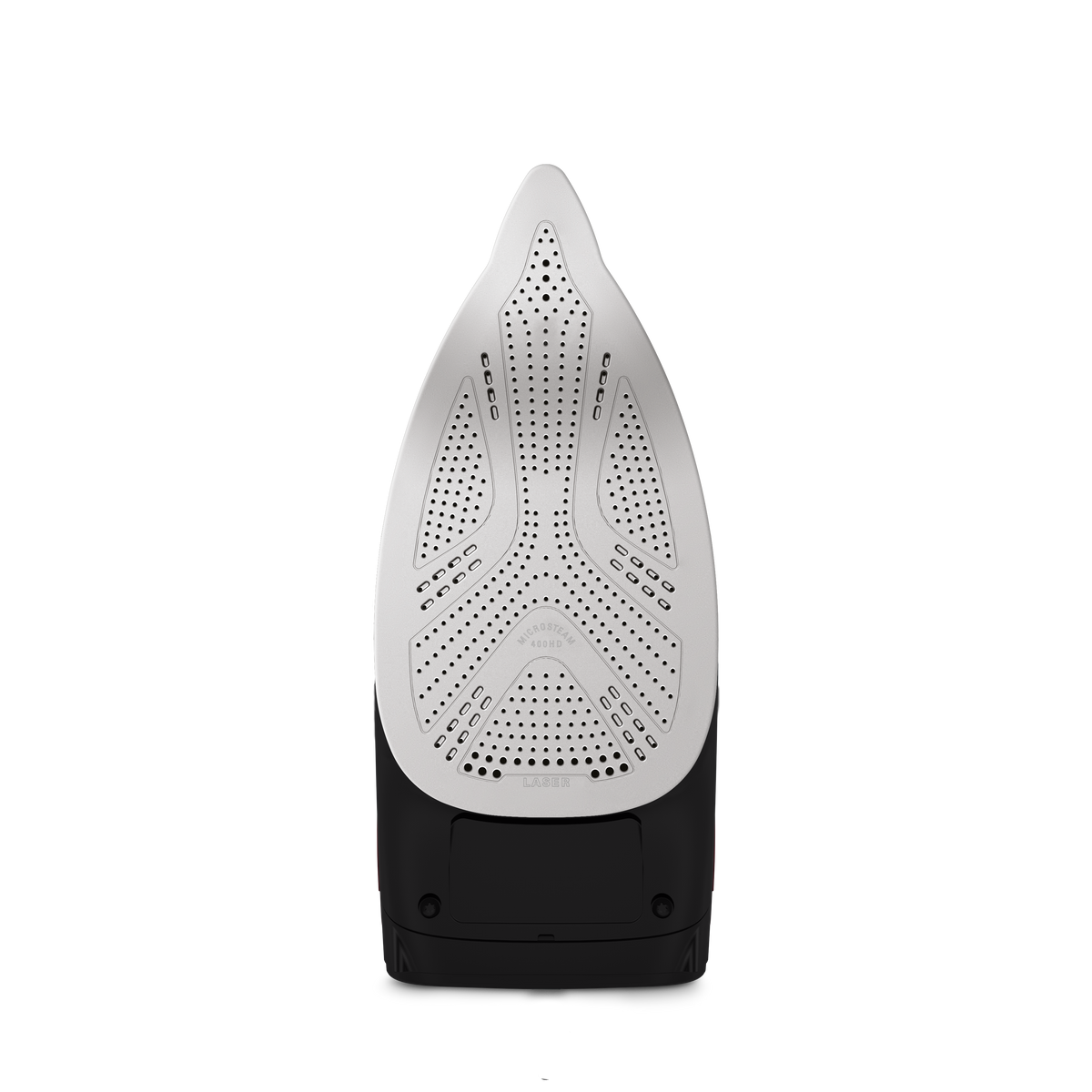 Czarne i srebrne żelazko, widok od spodu, na czarnym tle.