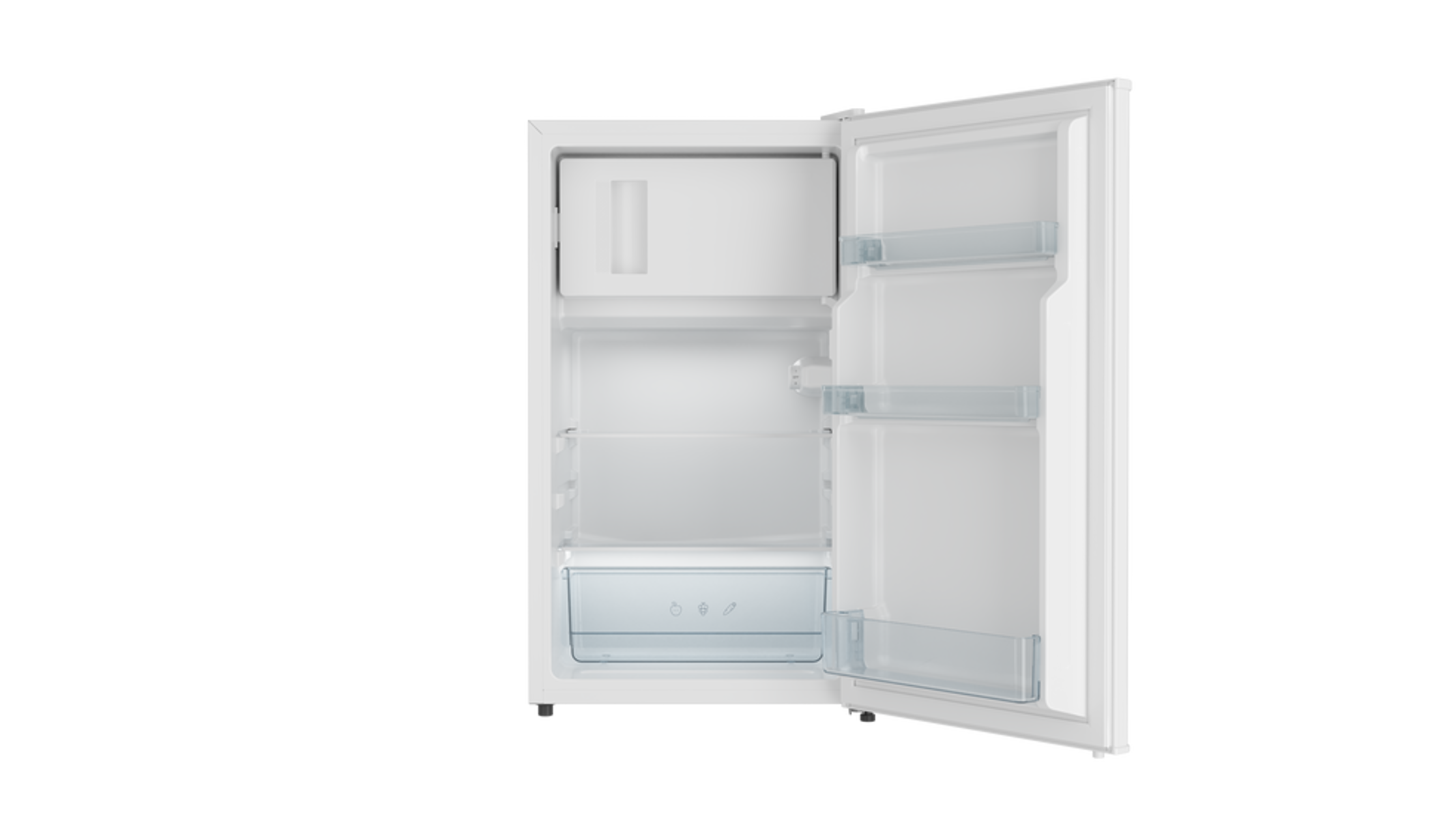 Biała mini-lodówka otwarta, widoczne wnętrze.