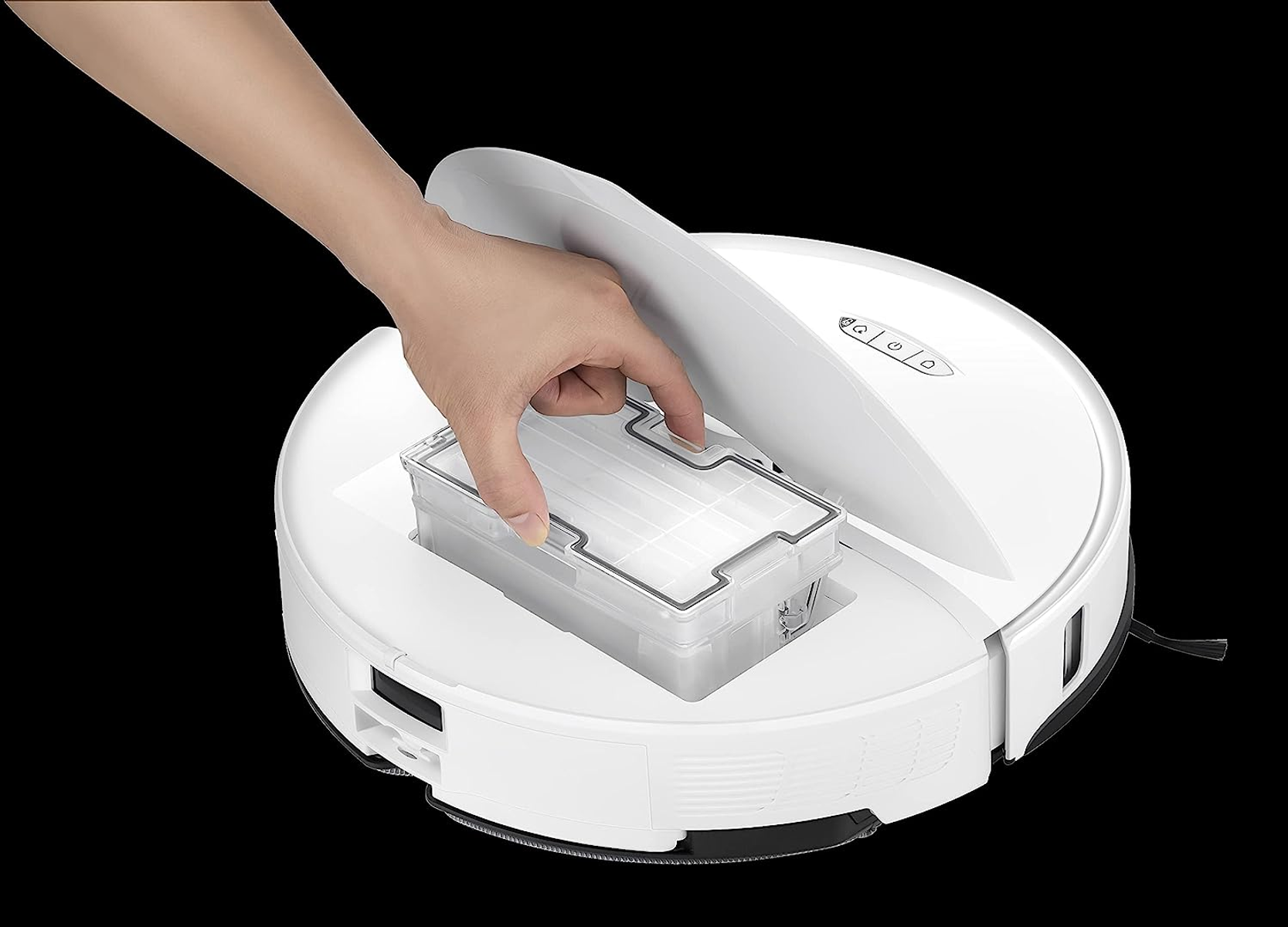 Eine Hand entfernt einen Behälter von einem weißen Roboterstaubsauger.