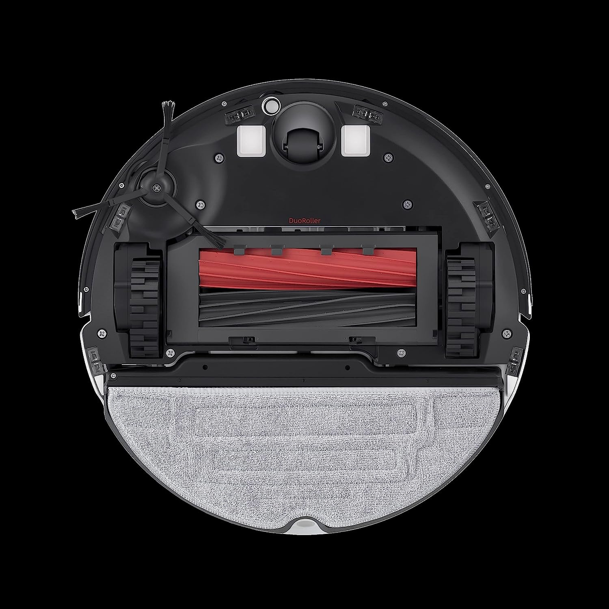 Die Unterseite eines schwarzen und roten Roboter-Staubsaugers auf schwarzem Hintergrund.