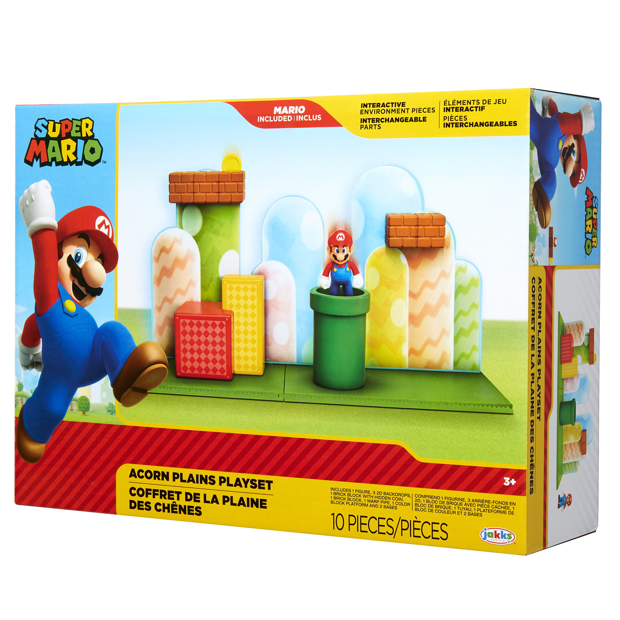 Caja de juego de Super Mario con figura de Mario, bloques de construcción y una tubería verde. Blanco.