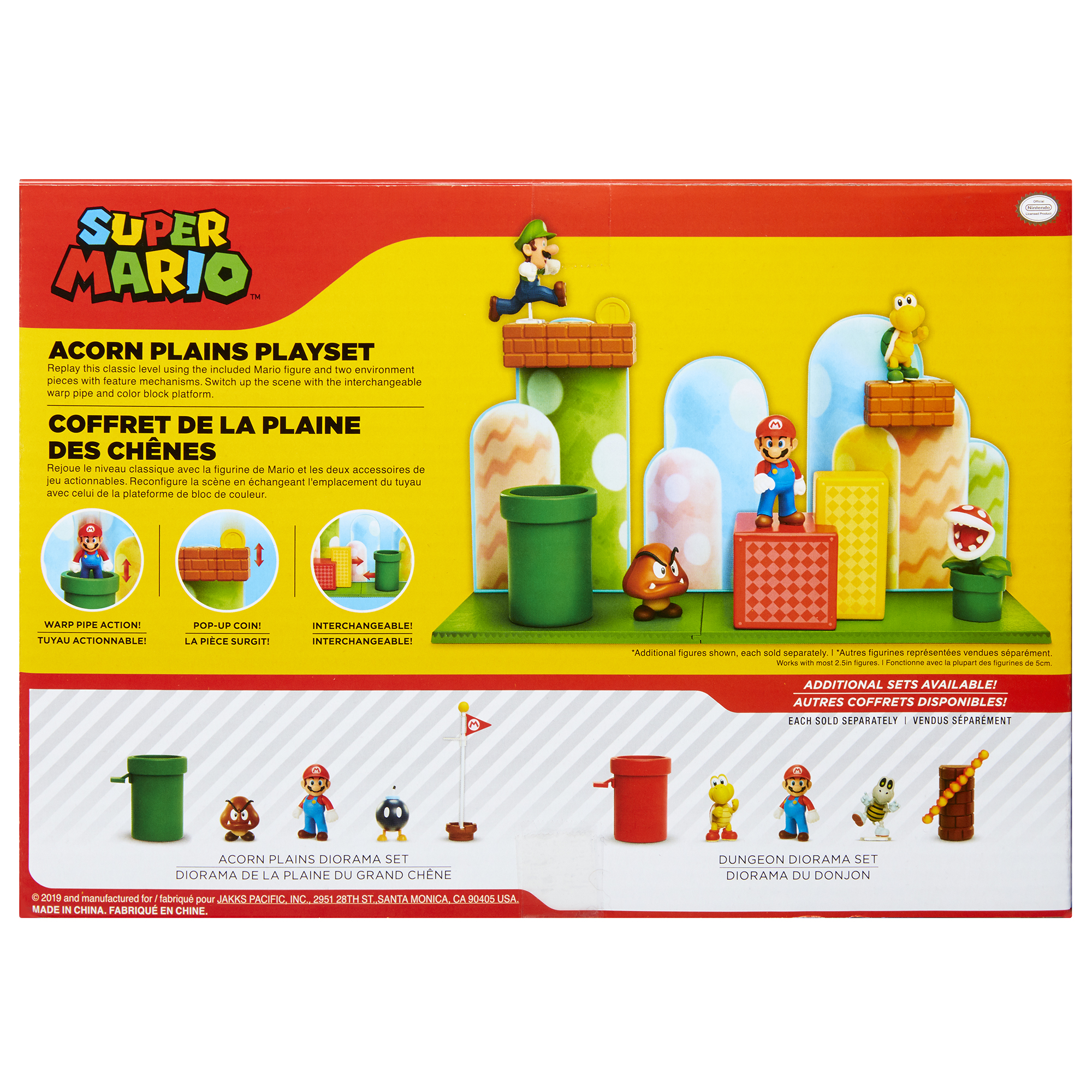 Caja del juego de juguetes de Super Mario. Muestra figuras de Mario, obstáculos y texto en inglés y francés.