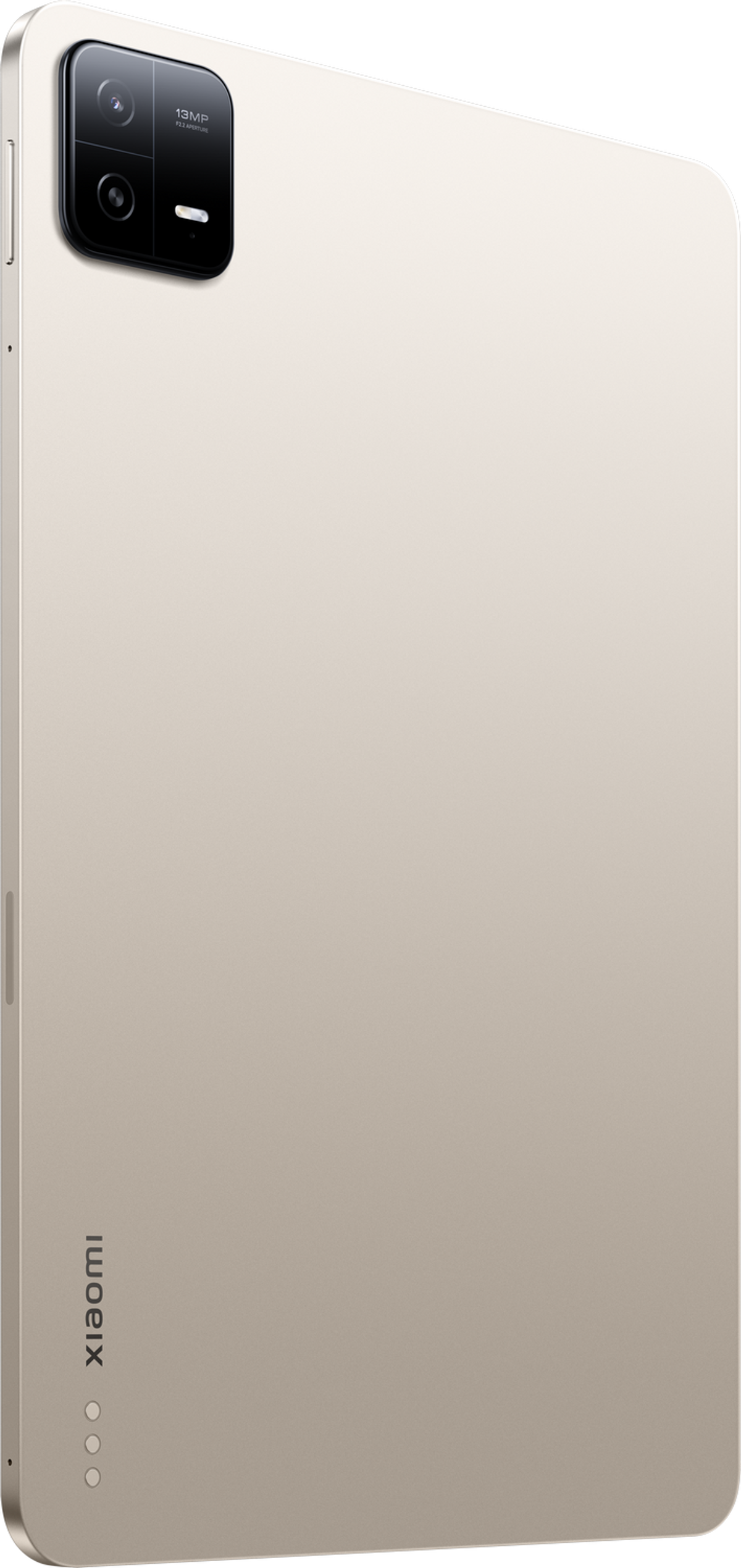 Złoty tablet, widok z tyłu, z wypukłością aparatu i logo Xiaomi. Białe tło.