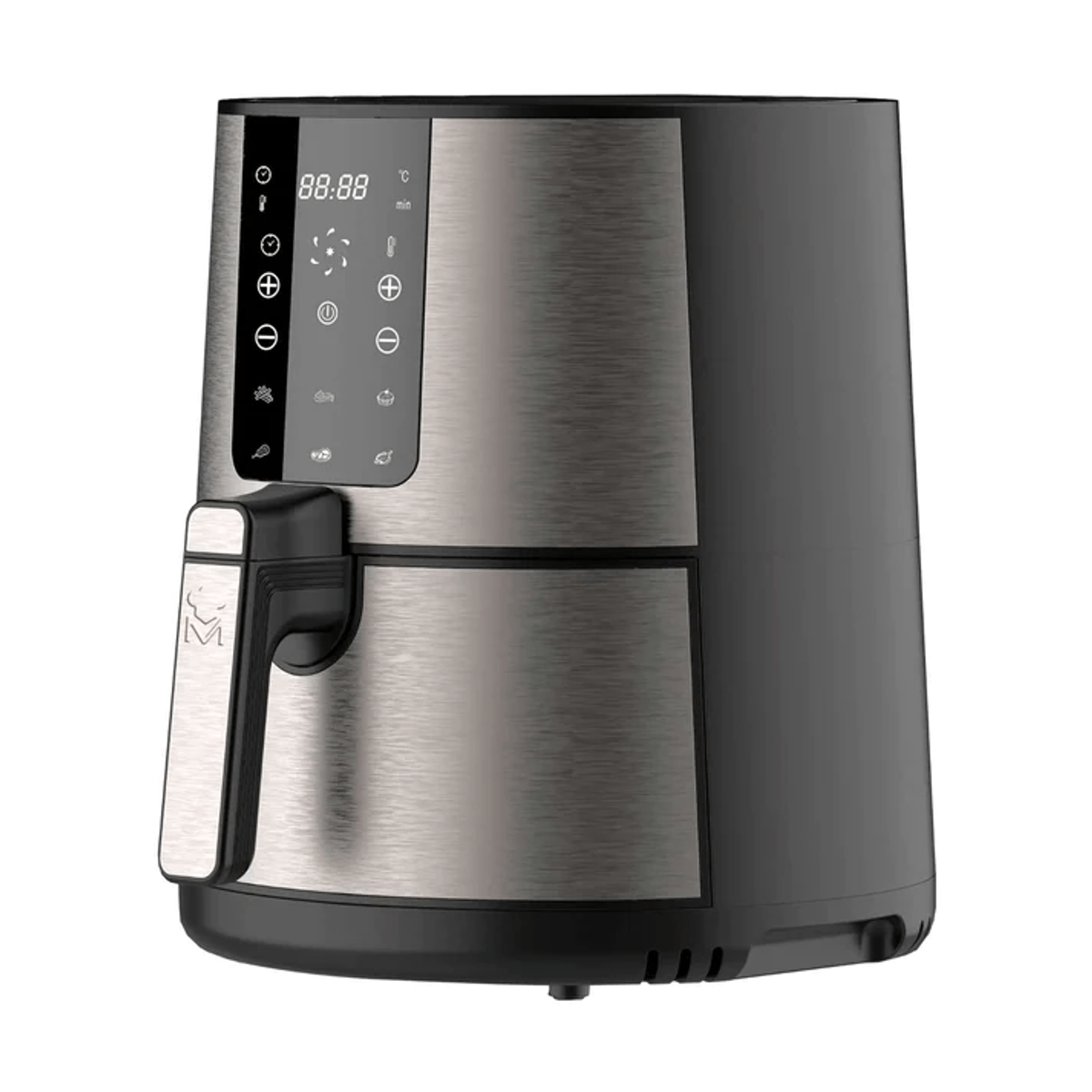 Friggitrice ad aria con corpo argentato e nero, che mostra un display digitale.