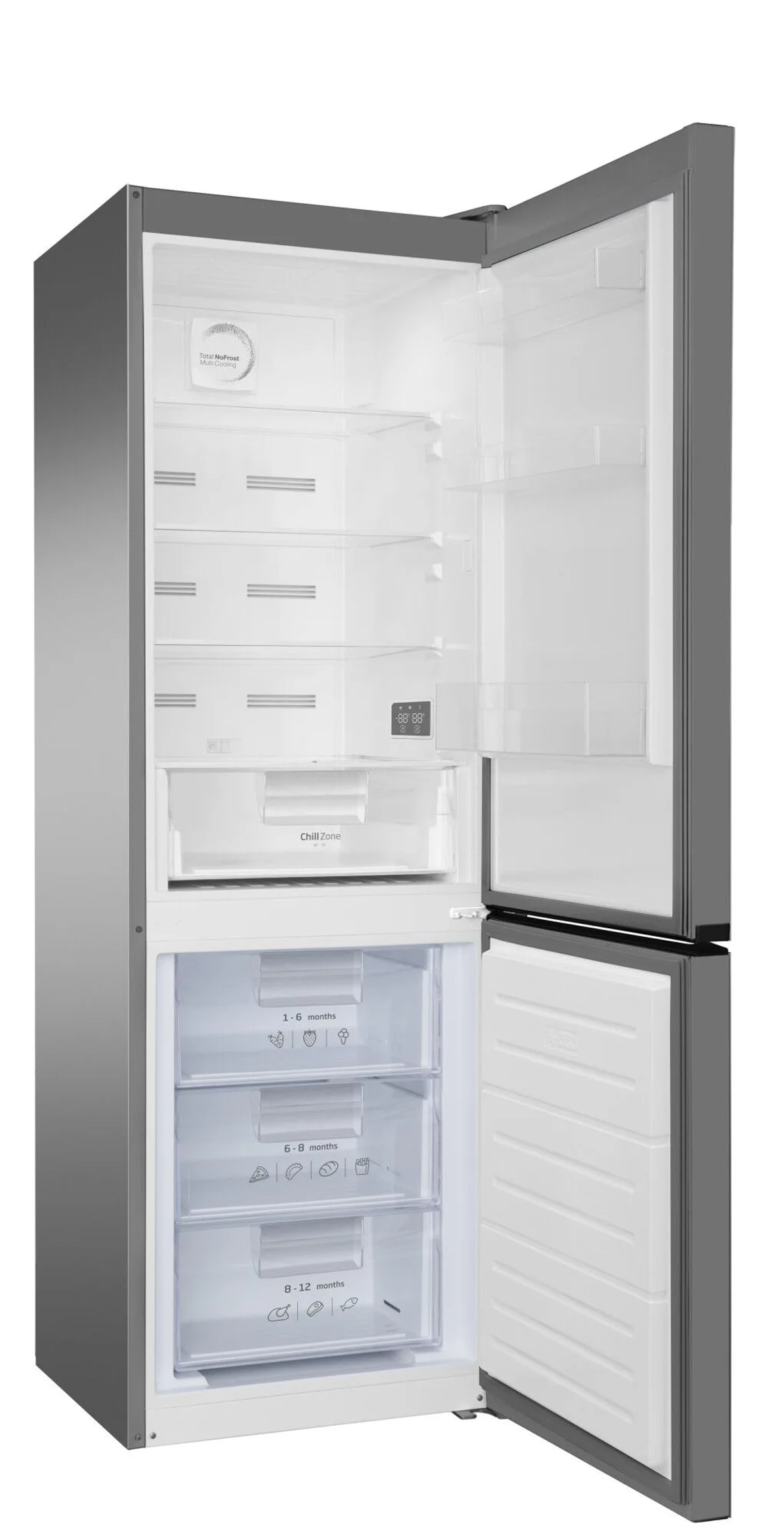 Un refrigerador abierto con múltiples estantes y cajones, mostrando su interior.