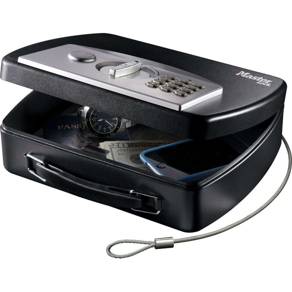 Caja fuerte negra abierta con contenido: reloj, pasaporte, dinero y teléfono. Una cerradura de combinación es visible.
